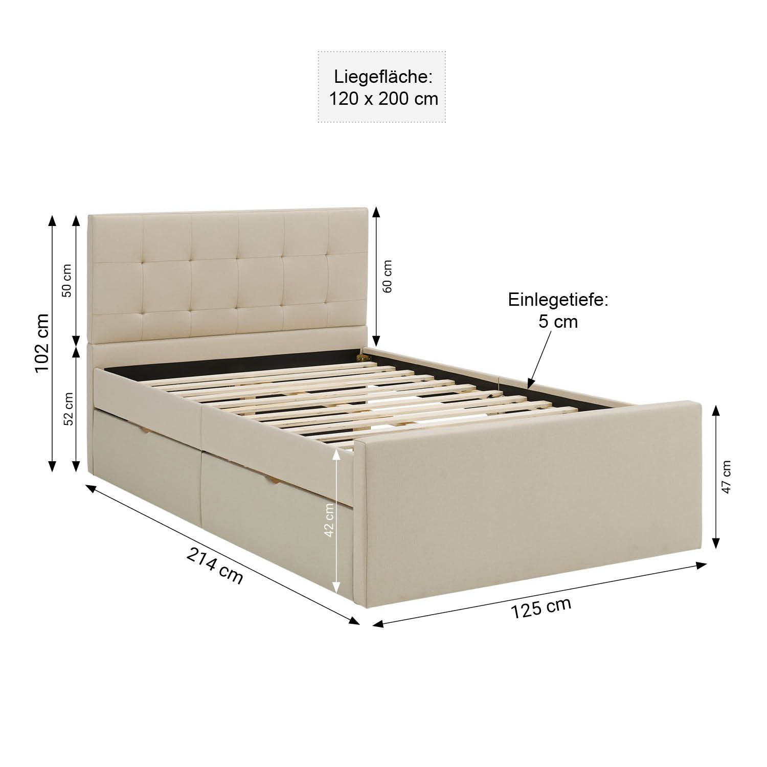 Upholstered bed 120x200 cm beige | with slatted frame | with 2 bed drawers | double fabric bed frame