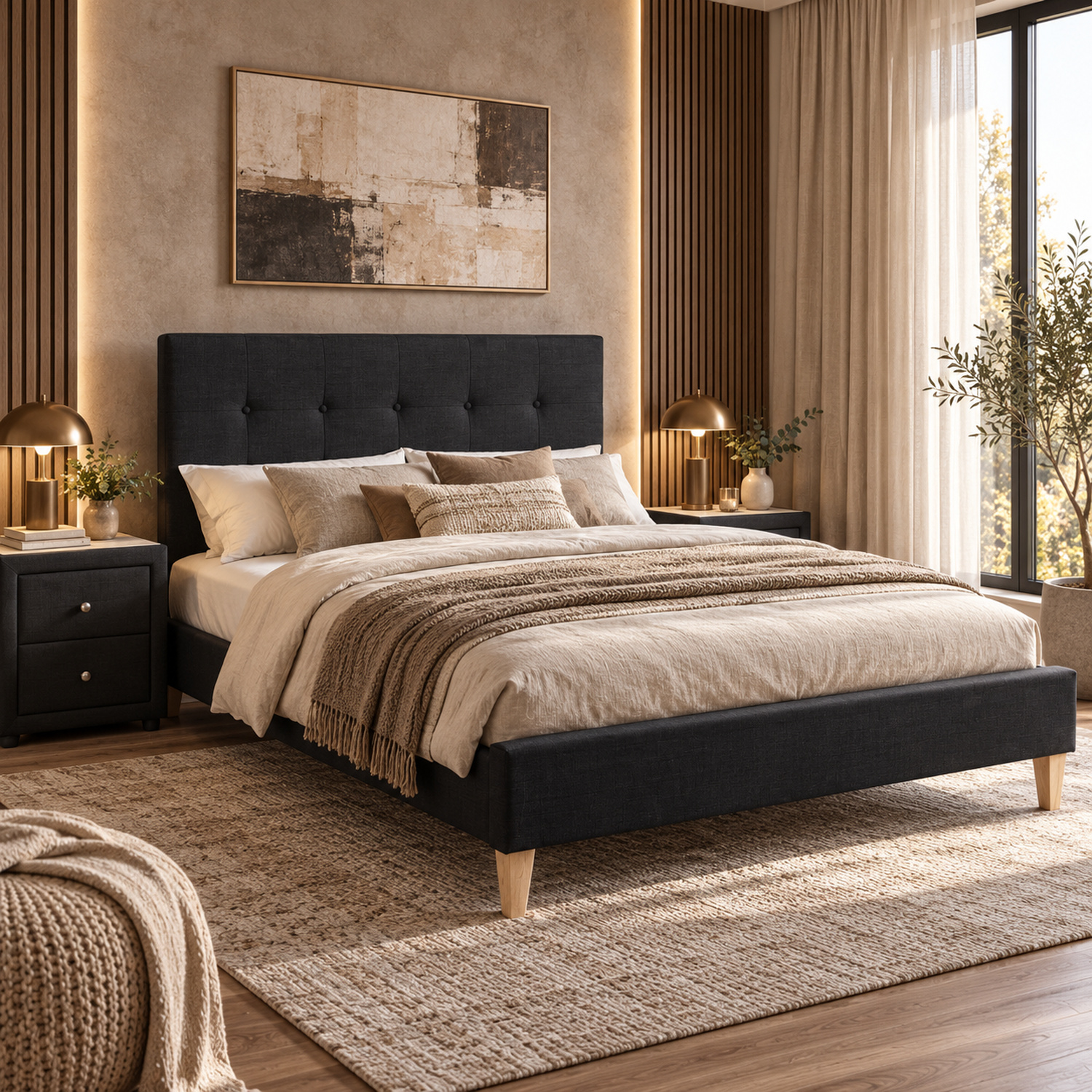Upholstered bed 160x200 cm black | with slatted frame | double fabric bed frame