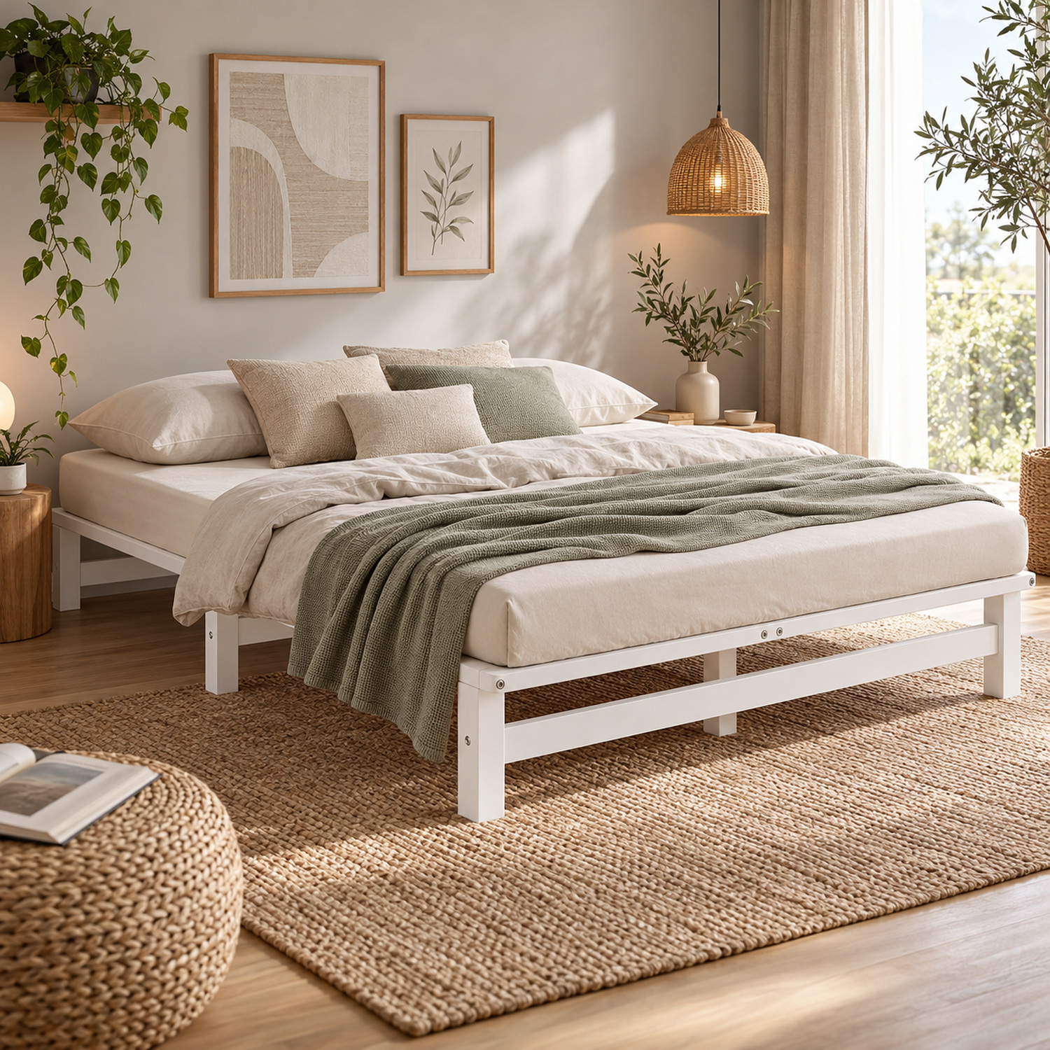 160x200 cm White Pallet Bed – Wooden Double Bed with 2 Mattress & Slatted Base for Teen Rooms, Guest Rooms, and Bedrooms