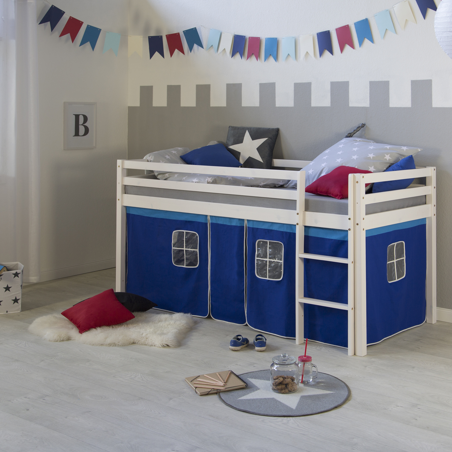 Loftbed 90x200 cm with Slats Bunk bed Childrens bed Solid Pine Wood Curtain Blue
