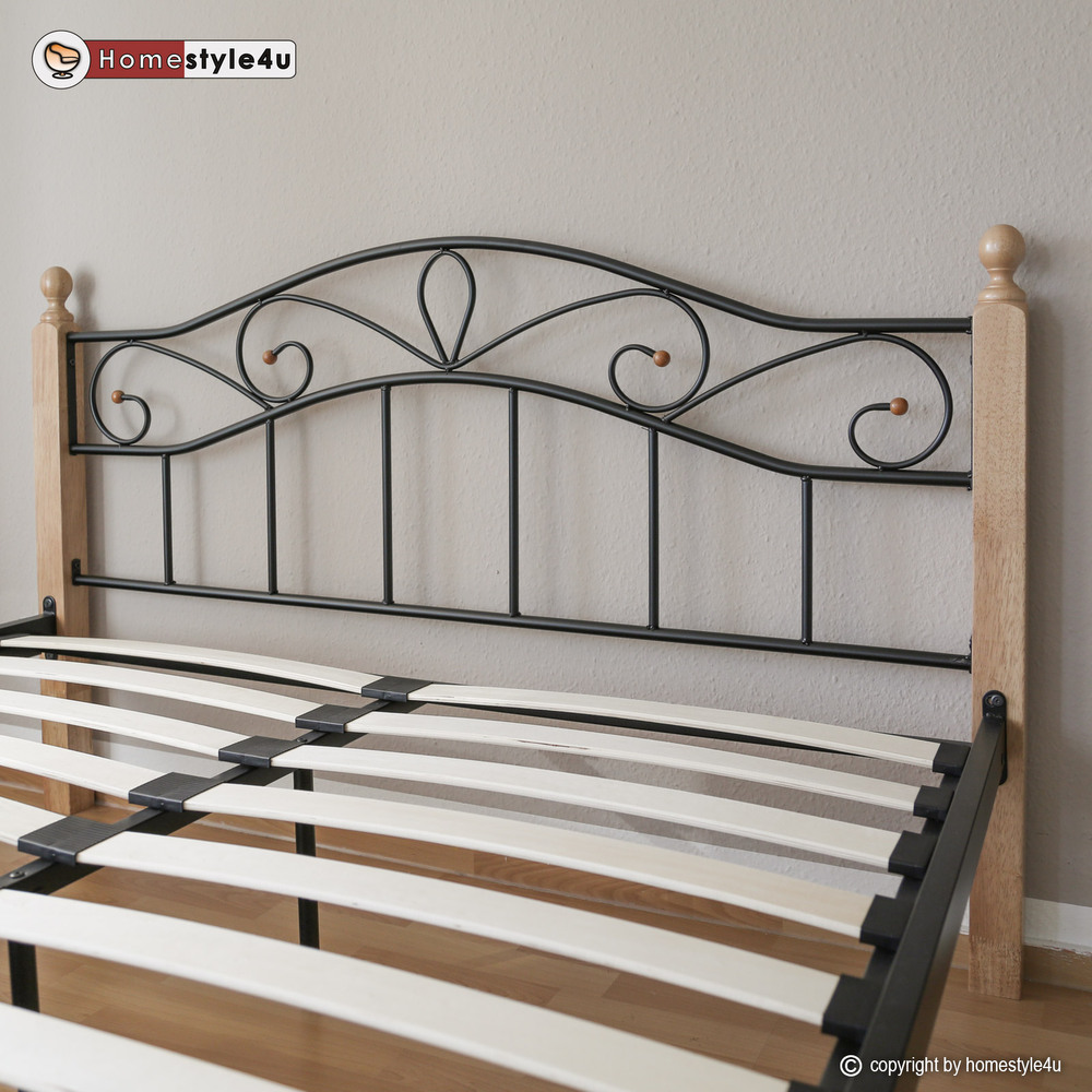 Metal Bed Iron Bed Double 140 x 200 Wood Slatted black natural bed frame 920 Metal Bed Iron Bed Double 160 x 200 Wood Slatted black natural bed frame 920