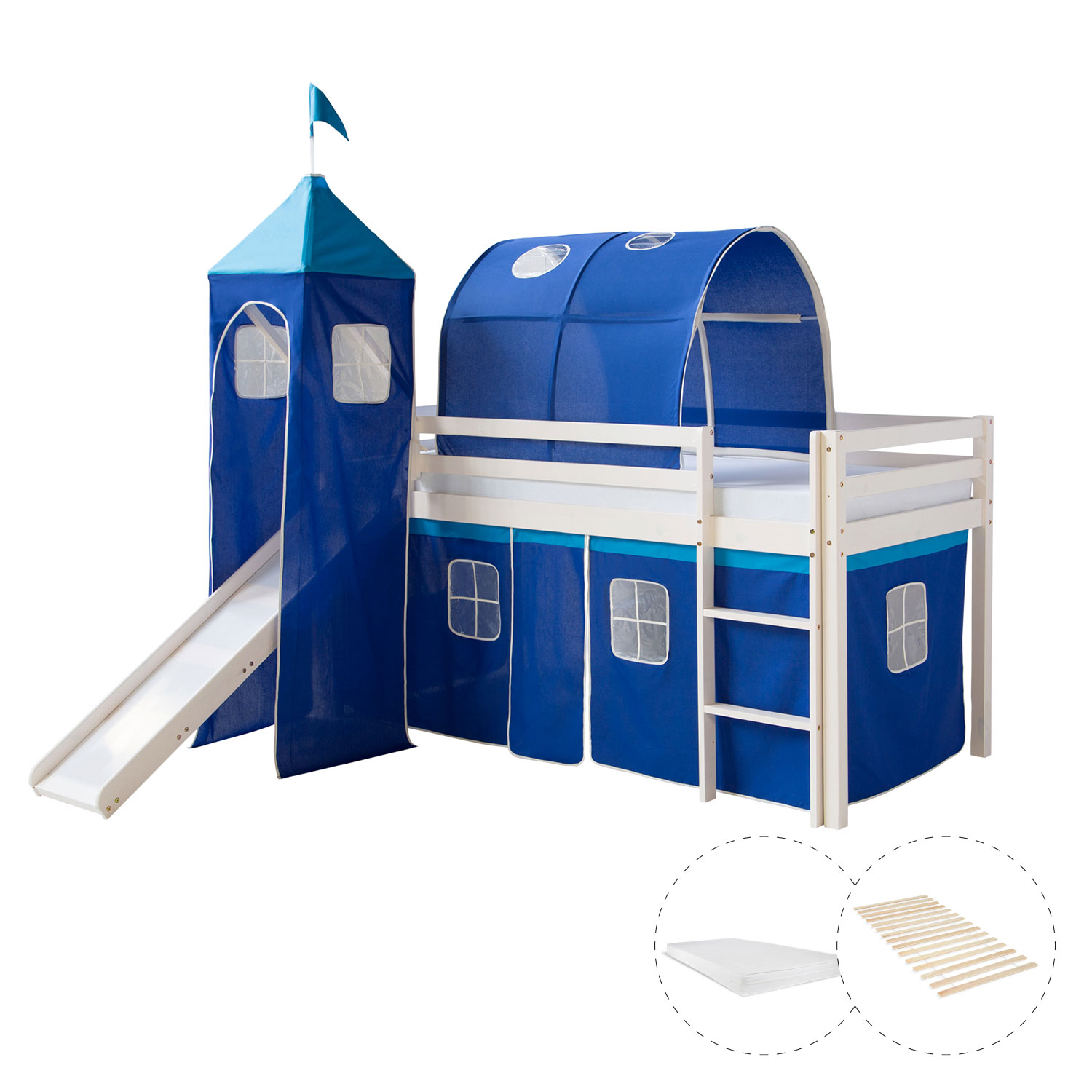 Loftbed 90x200 cm with Tower Tunnel Slide Mattress Bunk bed Childrens bed Solid Pine Wood Slats Curtain Blue