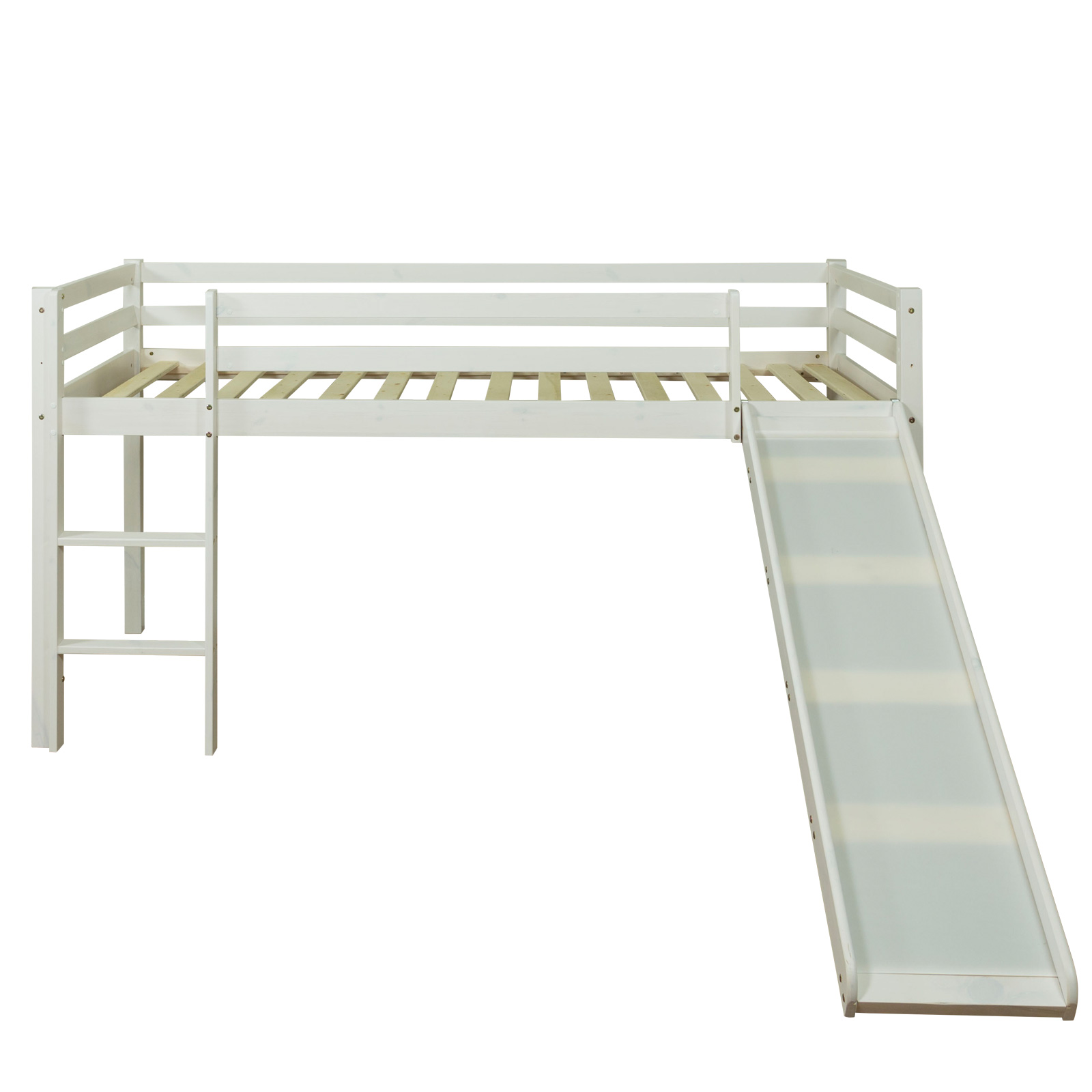 Loft Bed Kids 90x200 cm White Basic | Slide | with Slatted Frame Loft Bed with Mattress Slatted Frame Slide 90x200 cm Children's Bed Bunk Bed White Play Bed