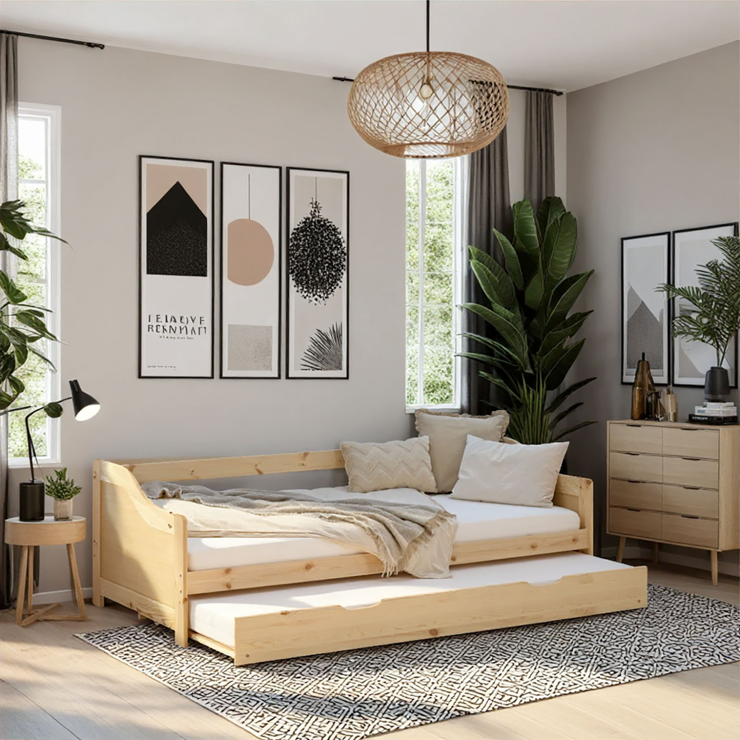 Wood Bed 90x200 cm Natural | Extendable | Cabin Bed | with Mattress | Kids Youth Guest Bedroom