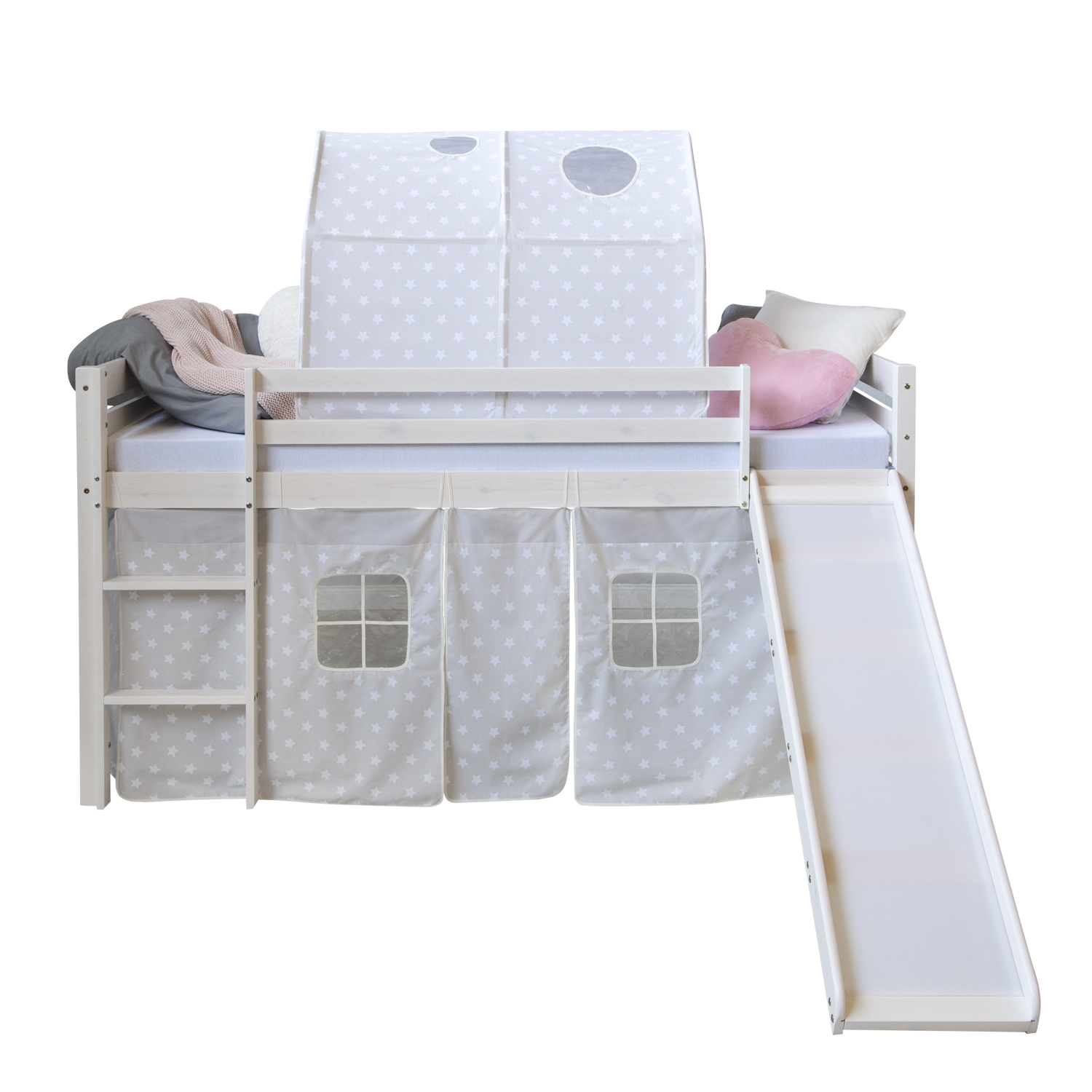Loft Bed Kids 90x200 cm White with Curtain Stars | Tunnel | Slide | without Slatted Frame