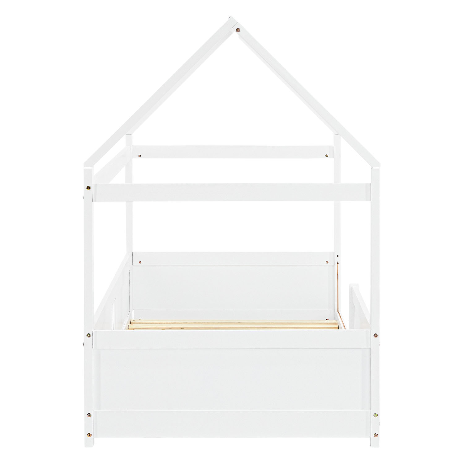 Children's Bed 90x200 cm White | House Bed with Fall Protection | Montessori | Single Bed | with Slatted Frame | Wood