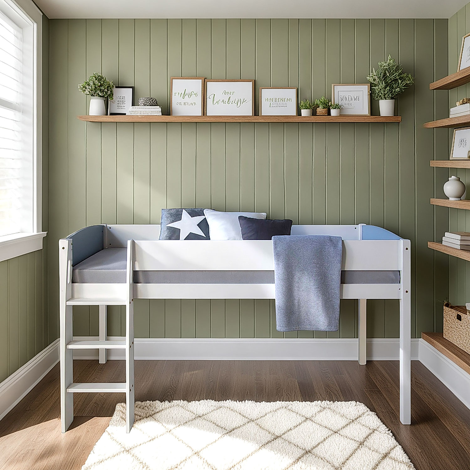 Kinderhochbett in Grau und Weiß mit Leiter. Das Kinderbett mit Leiter und Geländer ist mit Matratze, Bettwäsche und Kissen vor weißem Hintergrund abgebildet. Die offene Rahmenkonstruktion und die Gestaltung der Liegefläche sind sichtbar.