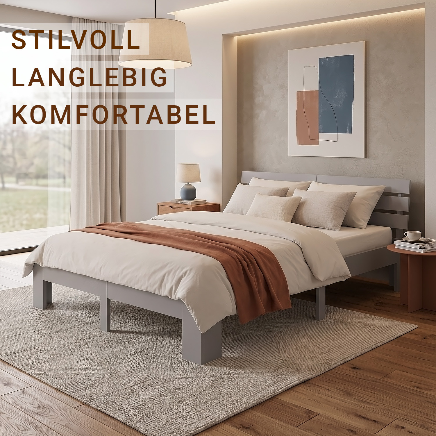 Wood Bed 140x200 cm Grey | Double Bed | with Spring Mattress | Solid | Youth Guest Bedroom