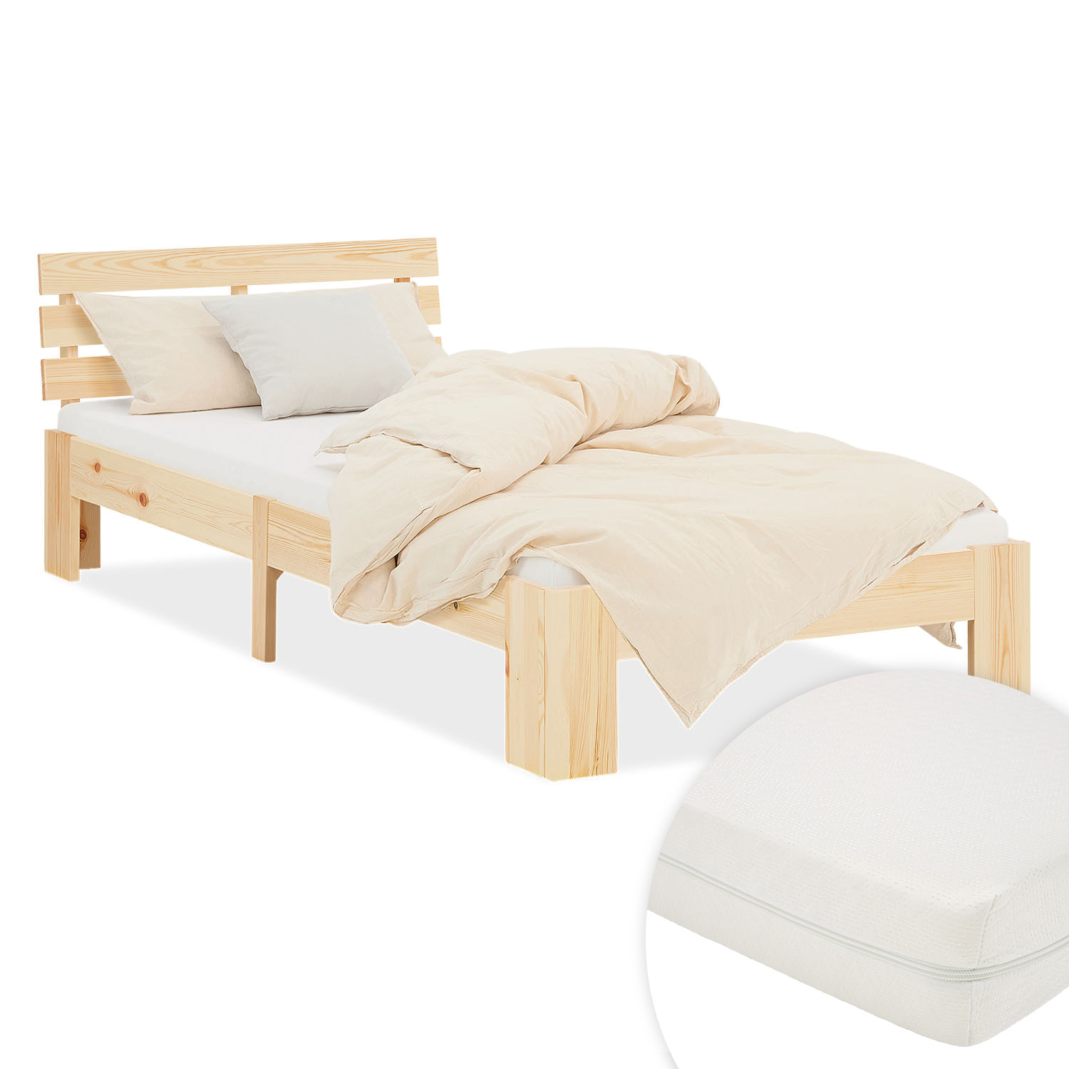 Wood Bed 90x200 cm Natural | Single Bed | with Mattress | Solid | Kids Youth Guest Bedroom