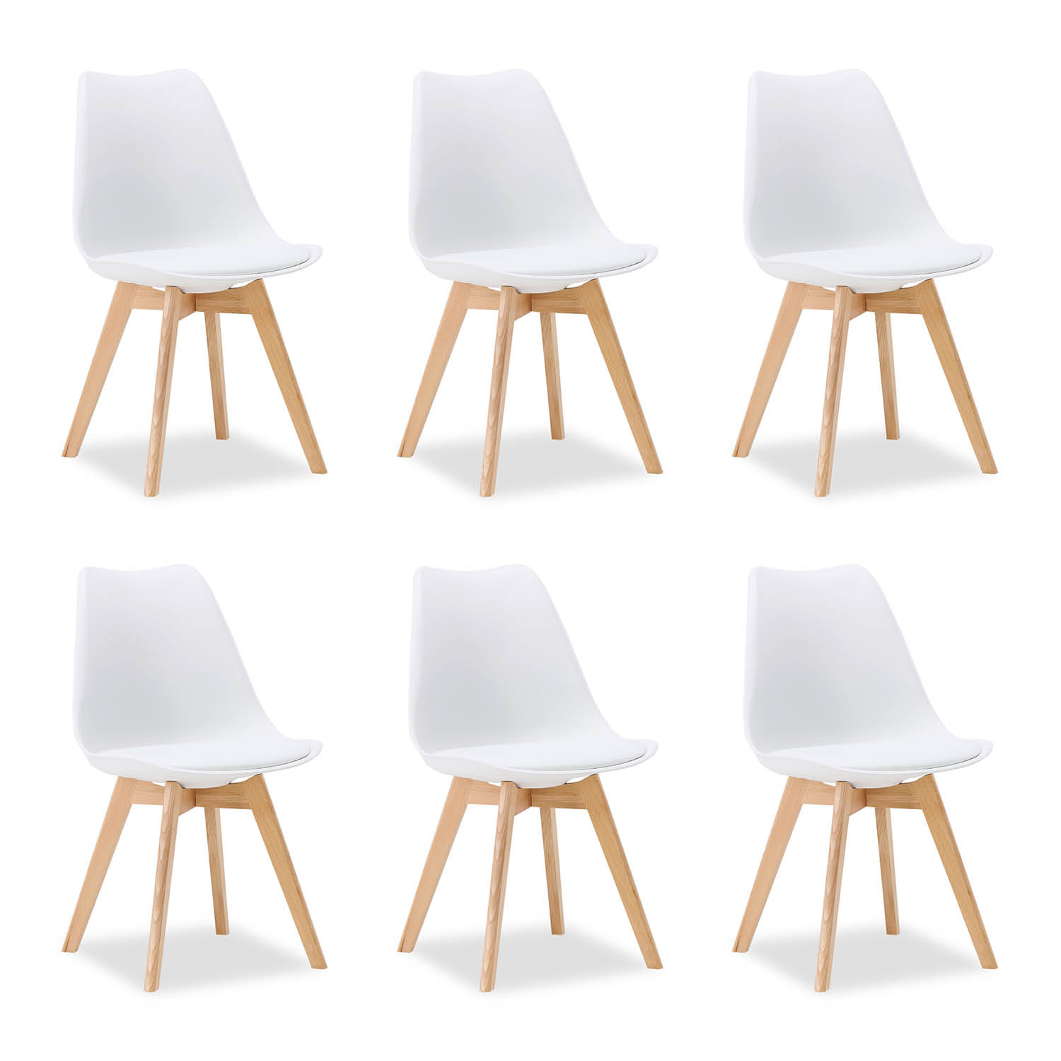 6 White Dining Chairs – Modern Plastic Design Chair with Wooden Legs | Set of 6 Contemporary Kitchen & Dining Chairs