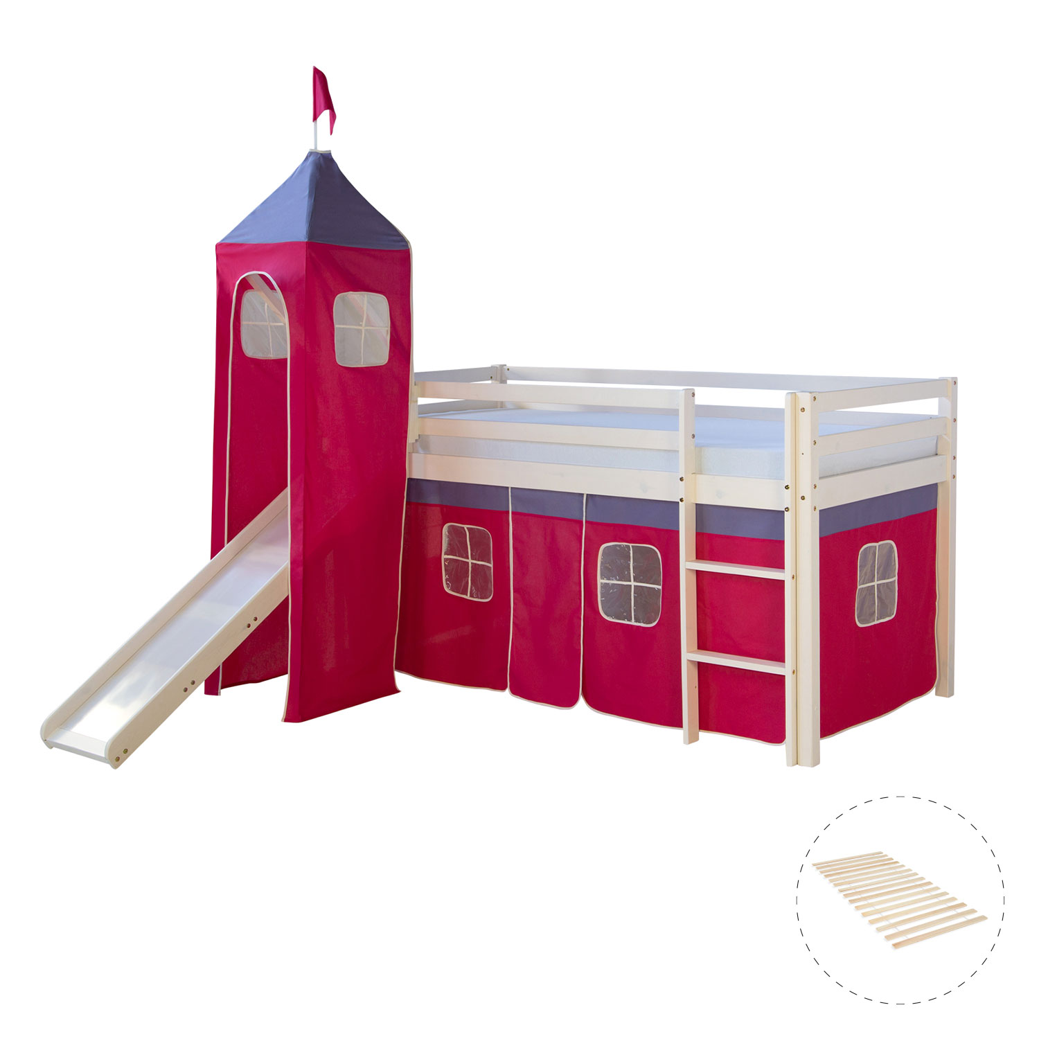 Loft Bed Kids 90x200 cm White with Curtain in Pink | Tower | Slide | with Slatted Frame