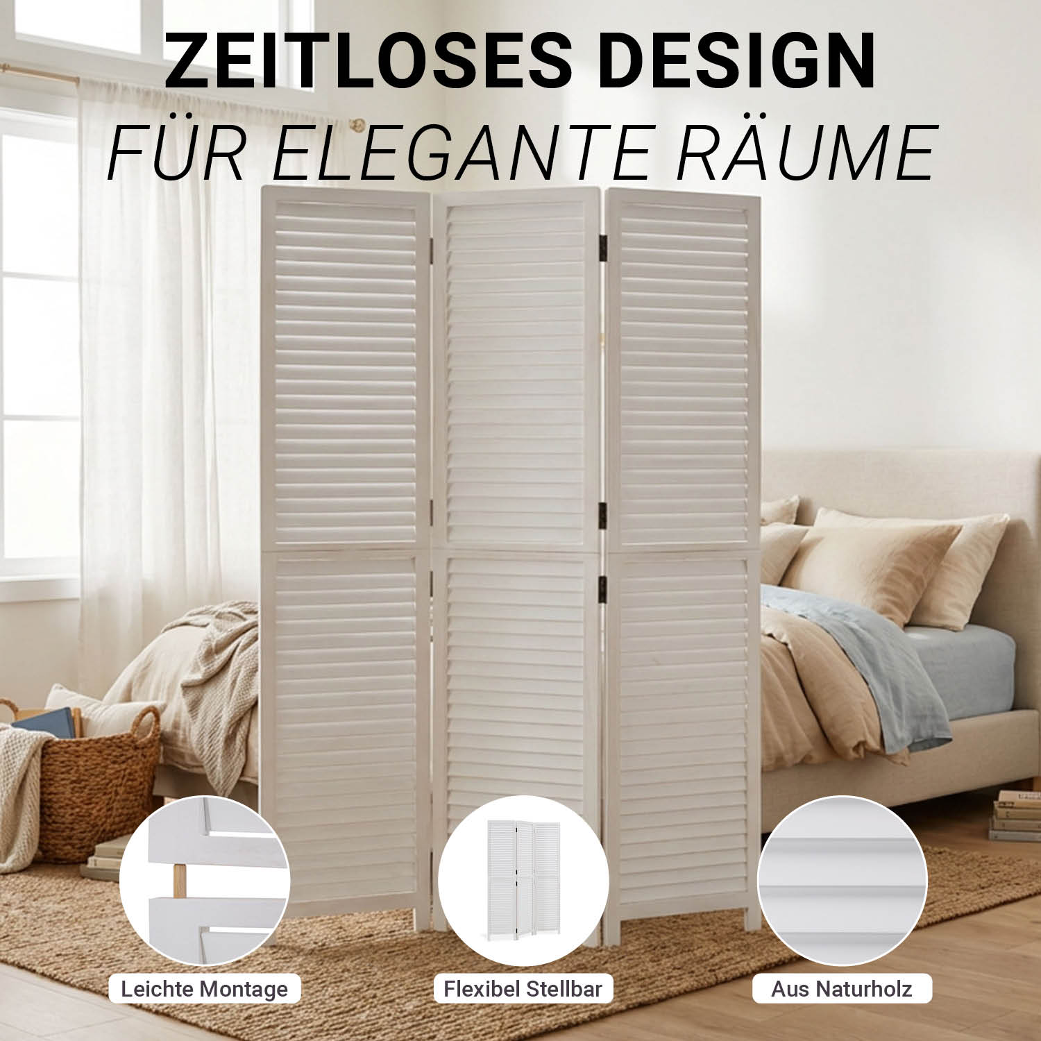 Paravent White Wooden Slats | 3-panel | Wood | Room Divider Partition Privacy Screen