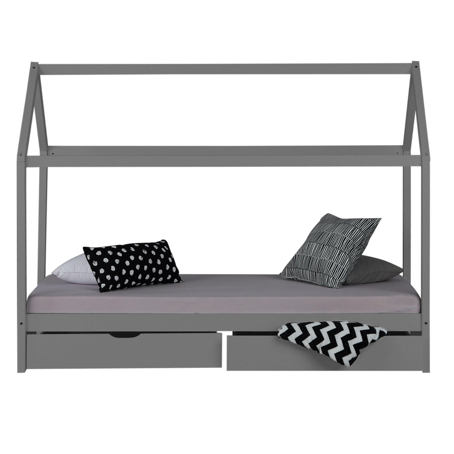 Childrens Bed with Mattress House Bed Frame For Kids 90x200 cm Grey With Drawers