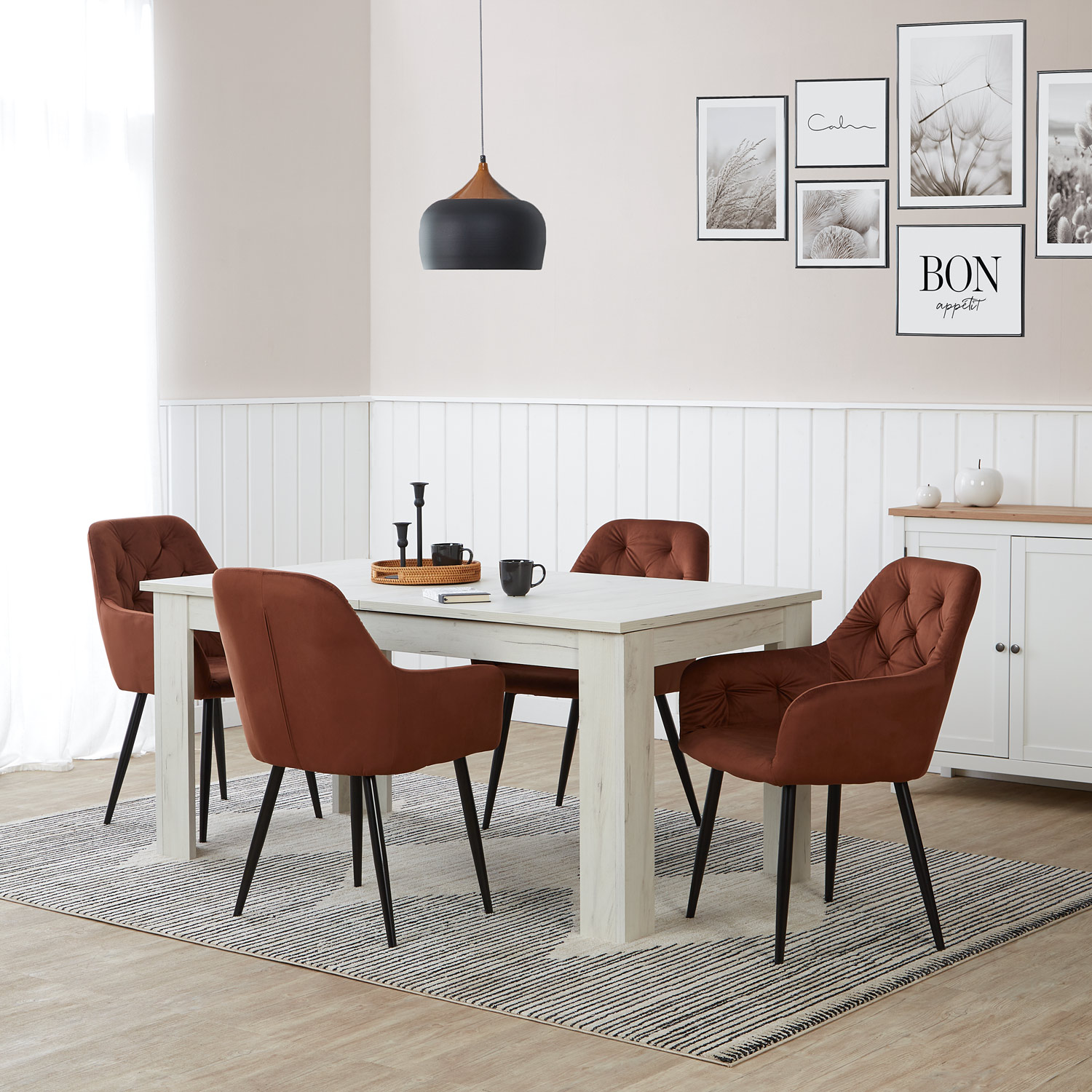 Brown Velvet Upholstered Chair, Set of 4 – Dining Chairs with Armrests & Black Metal Frame