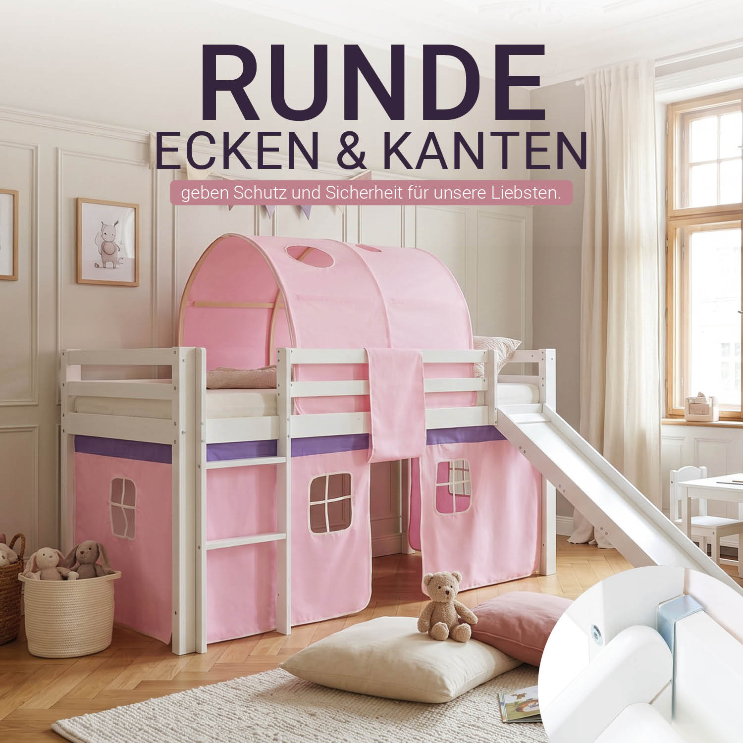Children's Loft Bed 90x200 cm White with Pink Curtain | Slide | Tunnel | Includes Slatted Base | Includes Mattress