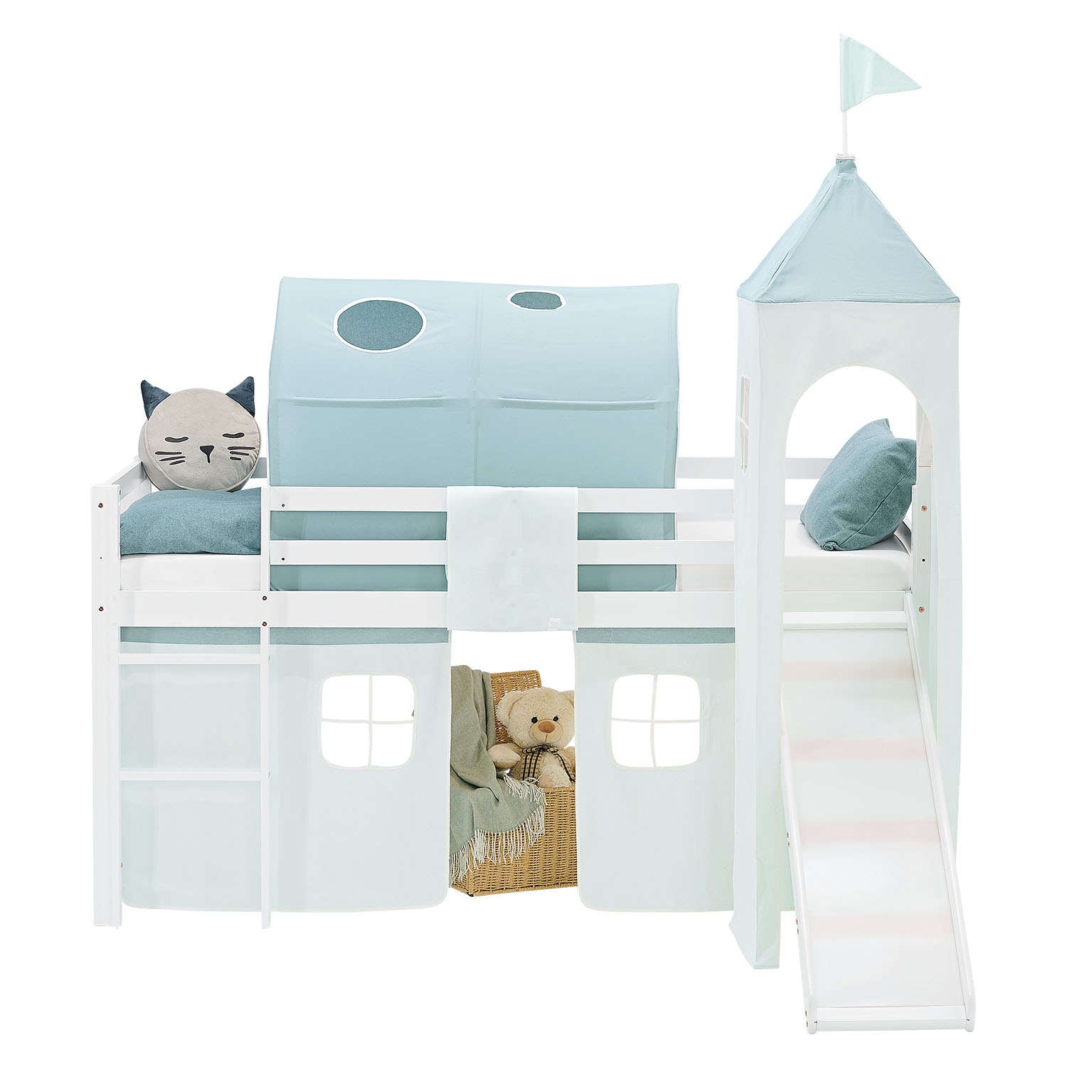 Loft Bed for Kids 90x200 cm White with Curtain in Mint Green | Slide | Tower | Tunnel | with Slatted Frame and Mattress