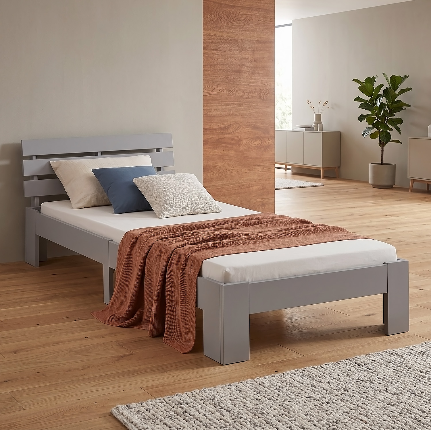 Wood Bed 90x200 cm Grey | Single Bed | with Mattress | Solid | Kids Youth Guest Bedroom