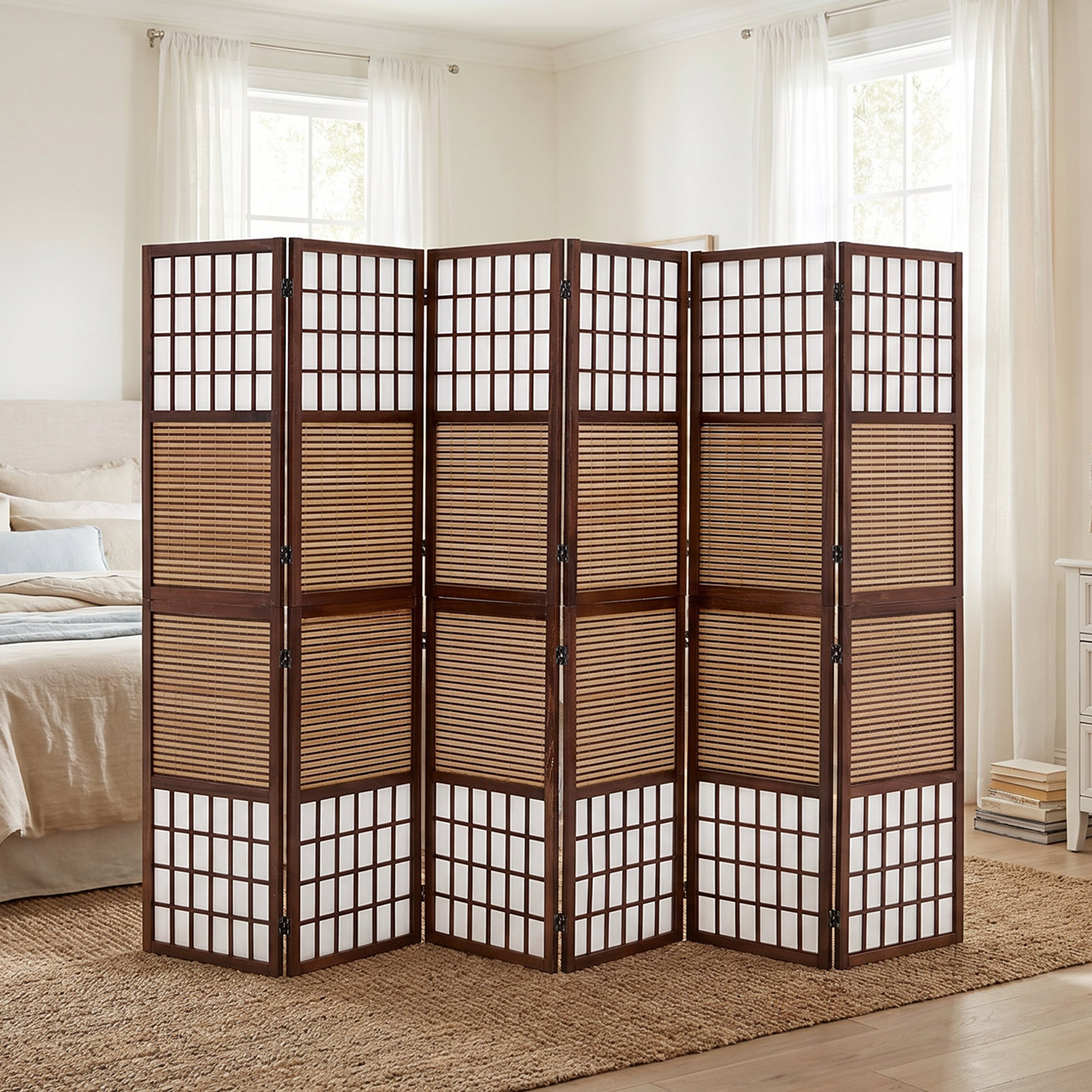 Paravent Brown Bamboo Shoji Rice Paper White | 6-panel | Wood | Room Divider Partition Privacy Screen