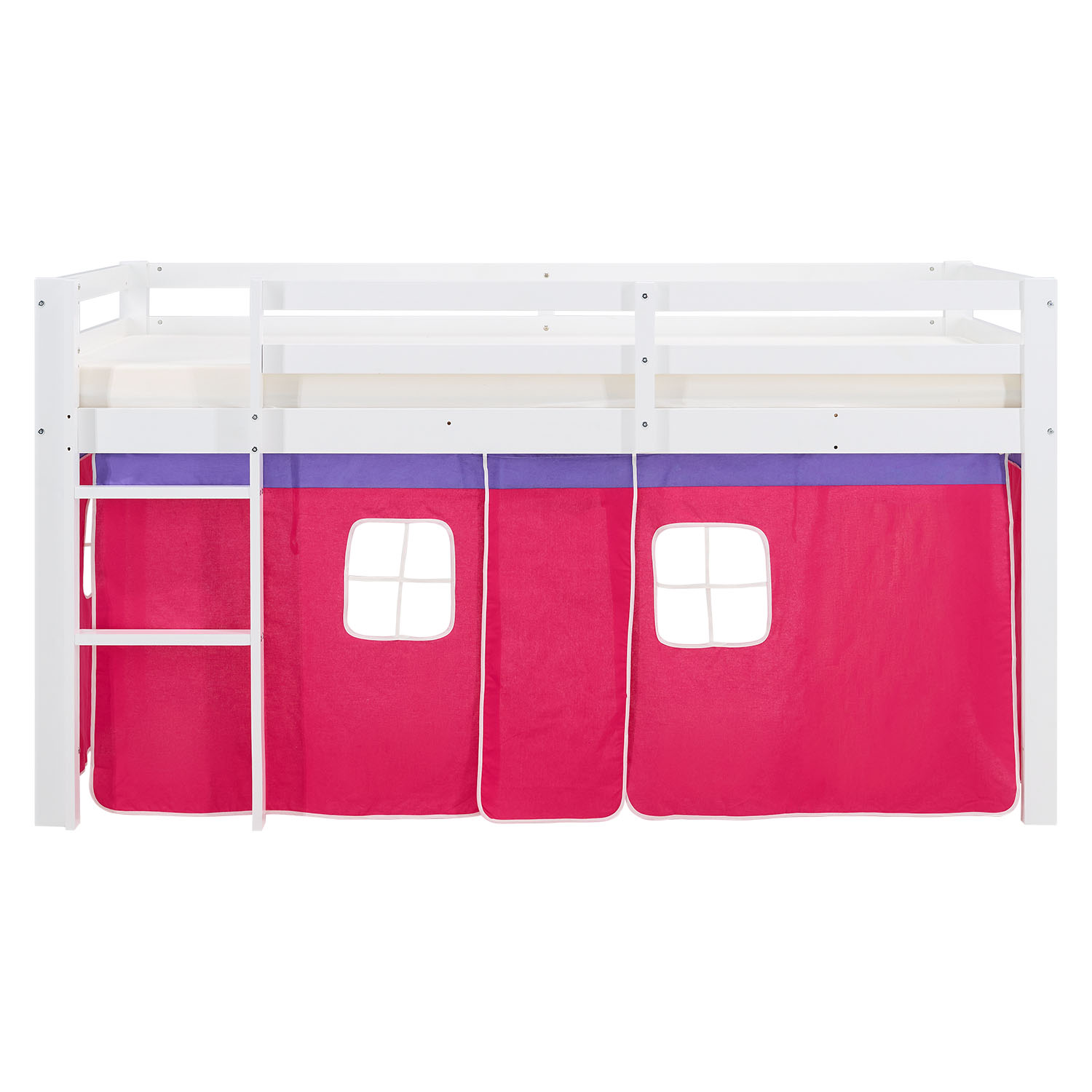 Loft Bed Kids 90x200 cm White with Curtain in Pink | without Slatted Frame