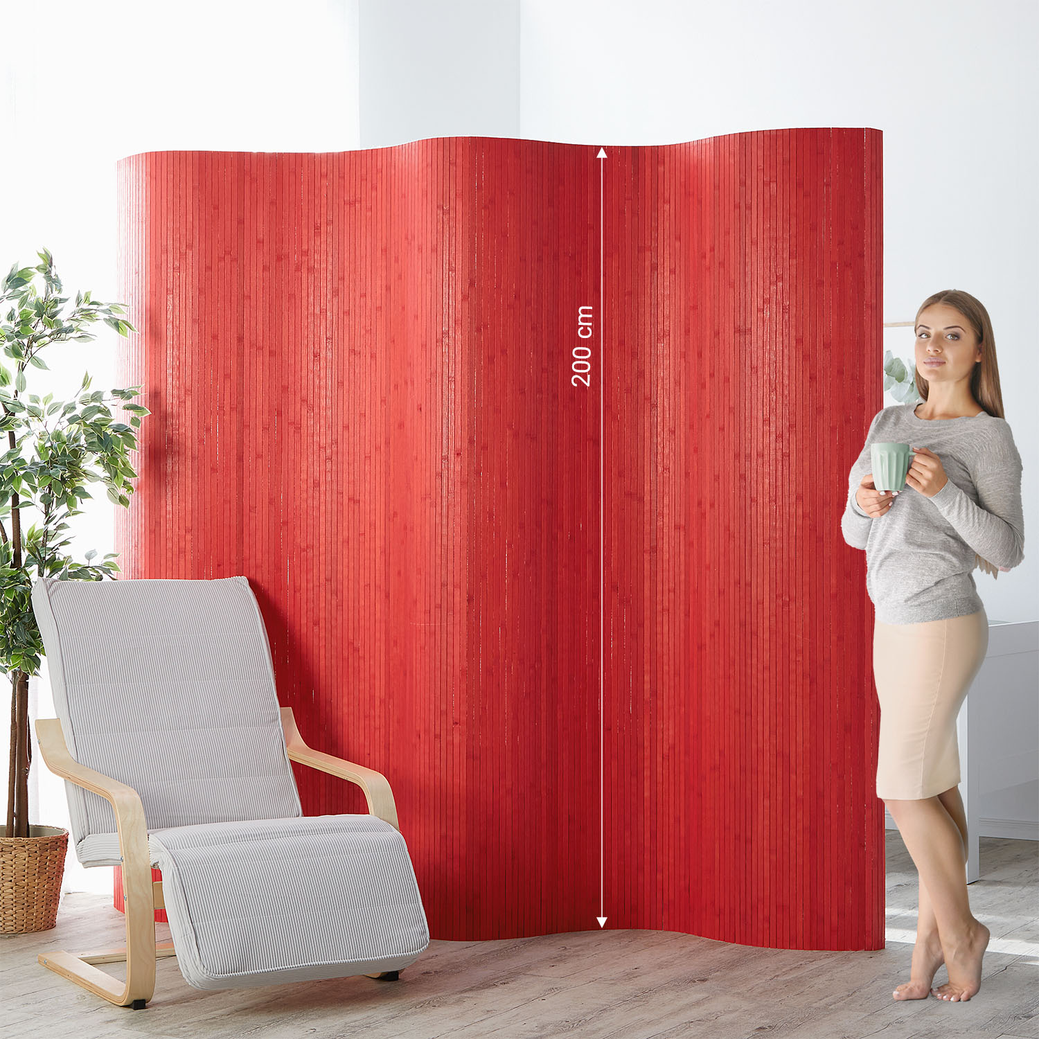 Paravent Bamboo Height 200 cm Red | Room Divider Partition Privacy Screen