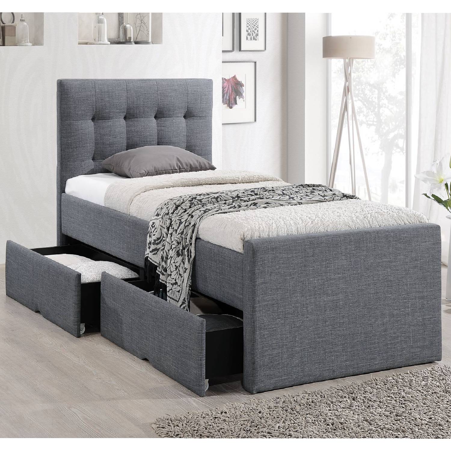 Upholstered Bed Frame Single Bed 90x200 Anthracite Platform Bed Fabric Headboard 2 Drawers
