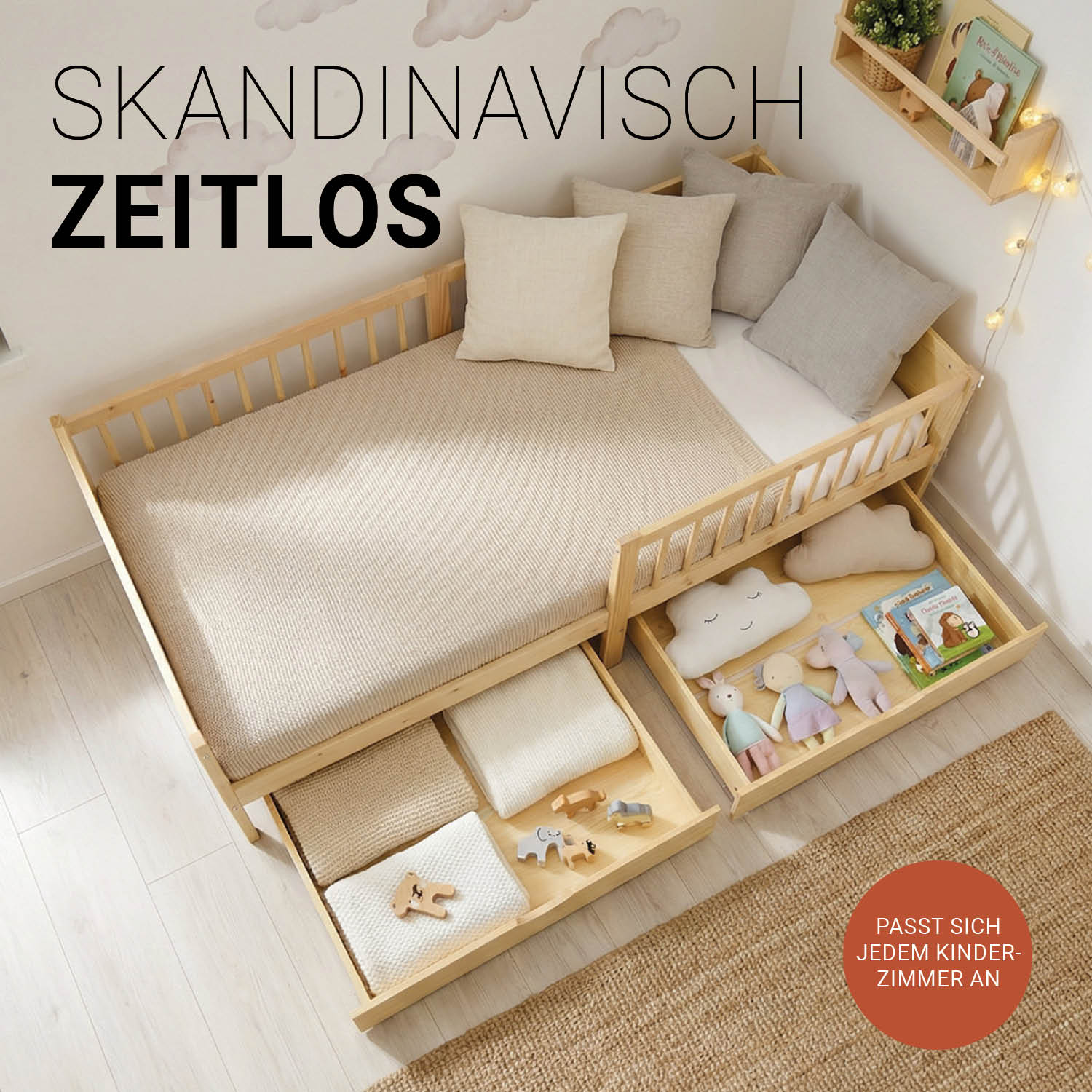 Children's Bed 90x200 cm Natural | Wooden bed with mattress | Single Bed | 2 drawers | Fall Protection