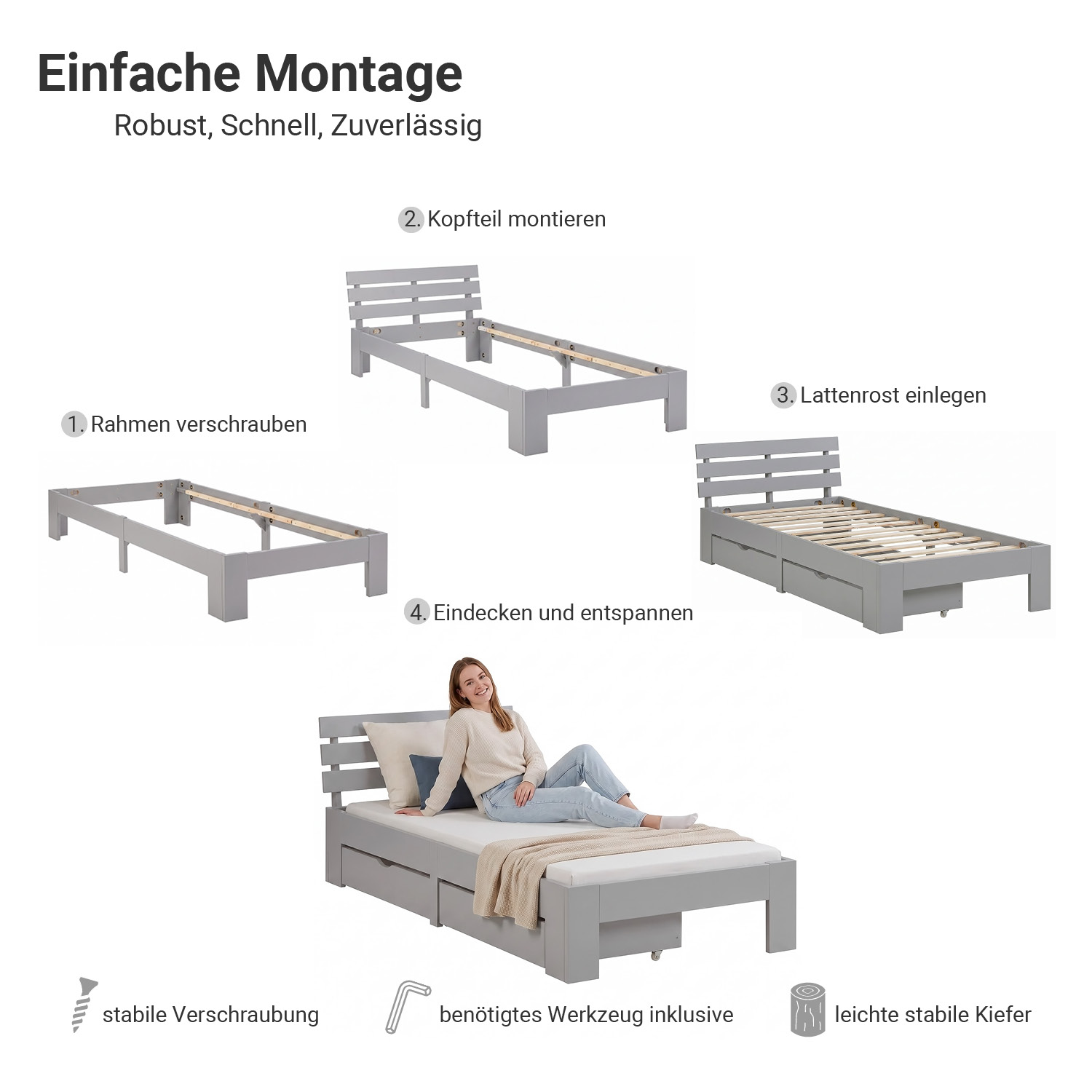 Wooden Bed 90x200 cm Gray | Single Bed with Storage | With Slatted Base | Solid Wood | Children's, Teen, or Guest Bedroom