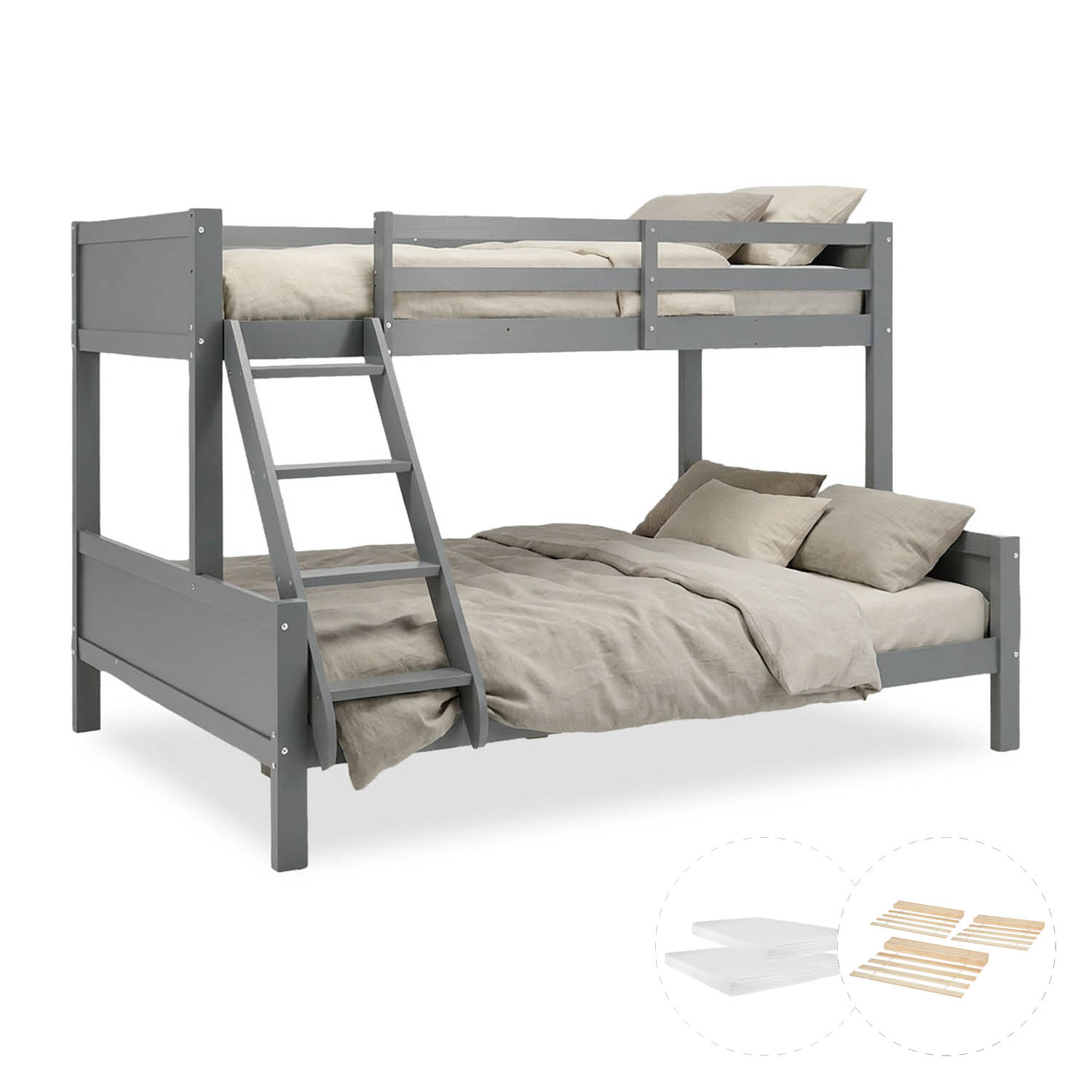 Bunk Bed Kids Bed 90x200 and 140x200 cm White Grey 2 Mattresses Wood Cabin Bed High Sleeper Bed Loft Bed Childrens Bed Twin Bed Drawer
