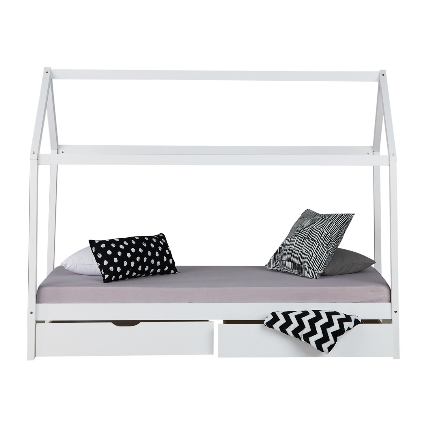 Children's Bed 90x200 cm White | House Bed with Drawers | Single Bed | with Slatted Frame | Wood