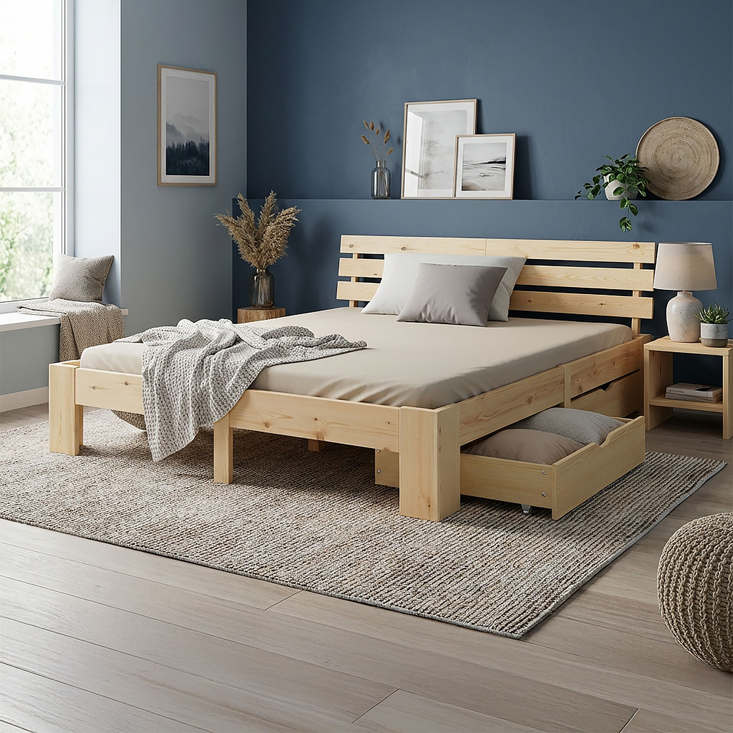 Wood Bed 180x200 cm Natural | Double Bed | with 2 Spring Mattress | 2 Drawers | Youth Guest Bedroom