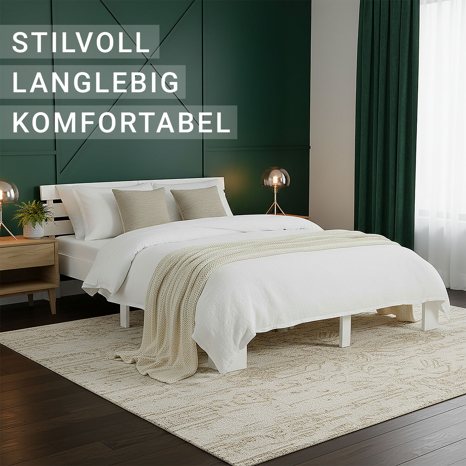 Wood Bed 140x200 cm White | Double Bed | with Slatted Frame | Solid | Kids Youth Guest Bedroom