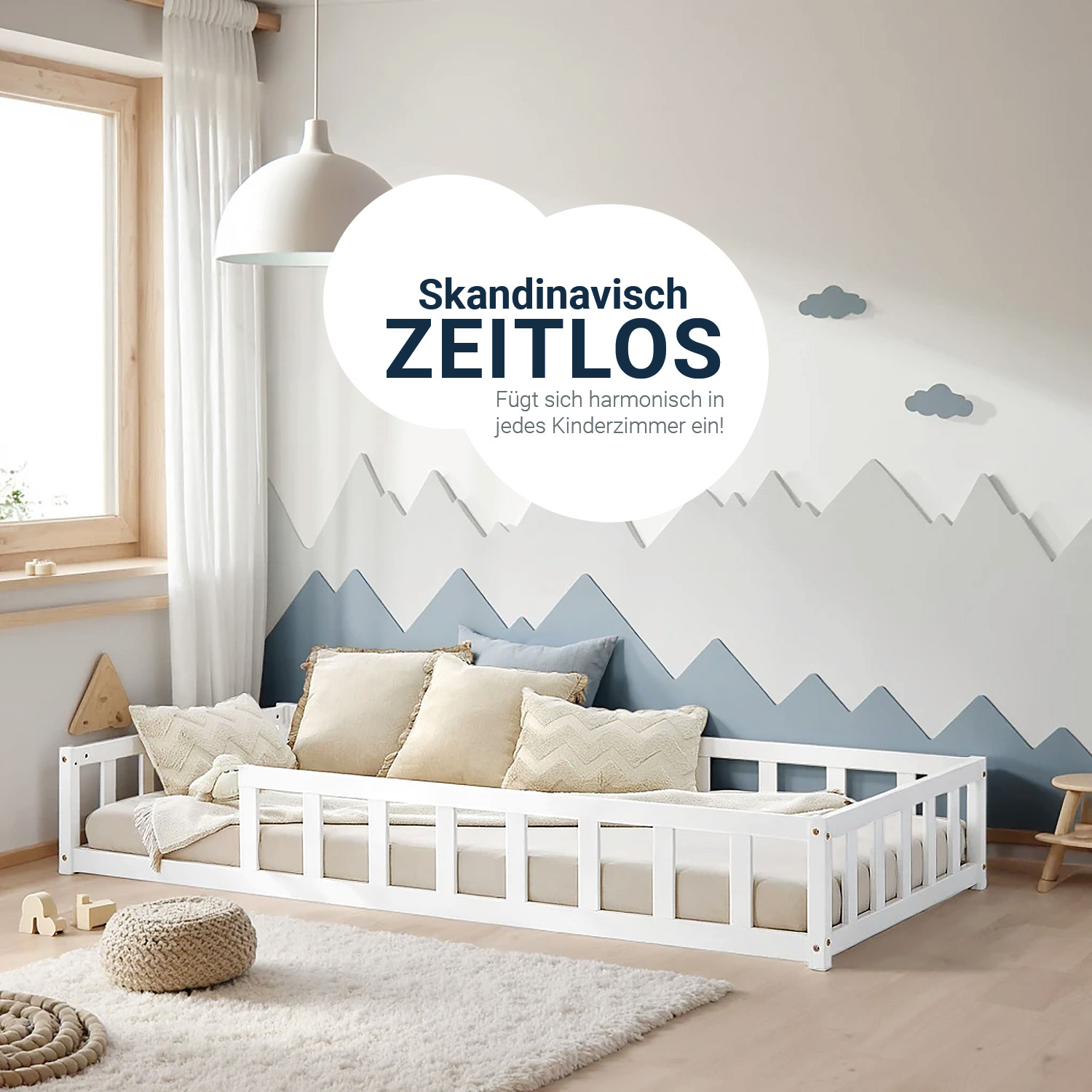 Children's Bed 90x200 White | Floor Bed with Mattress & Slatted Frame | with Fall Protection | Montessori