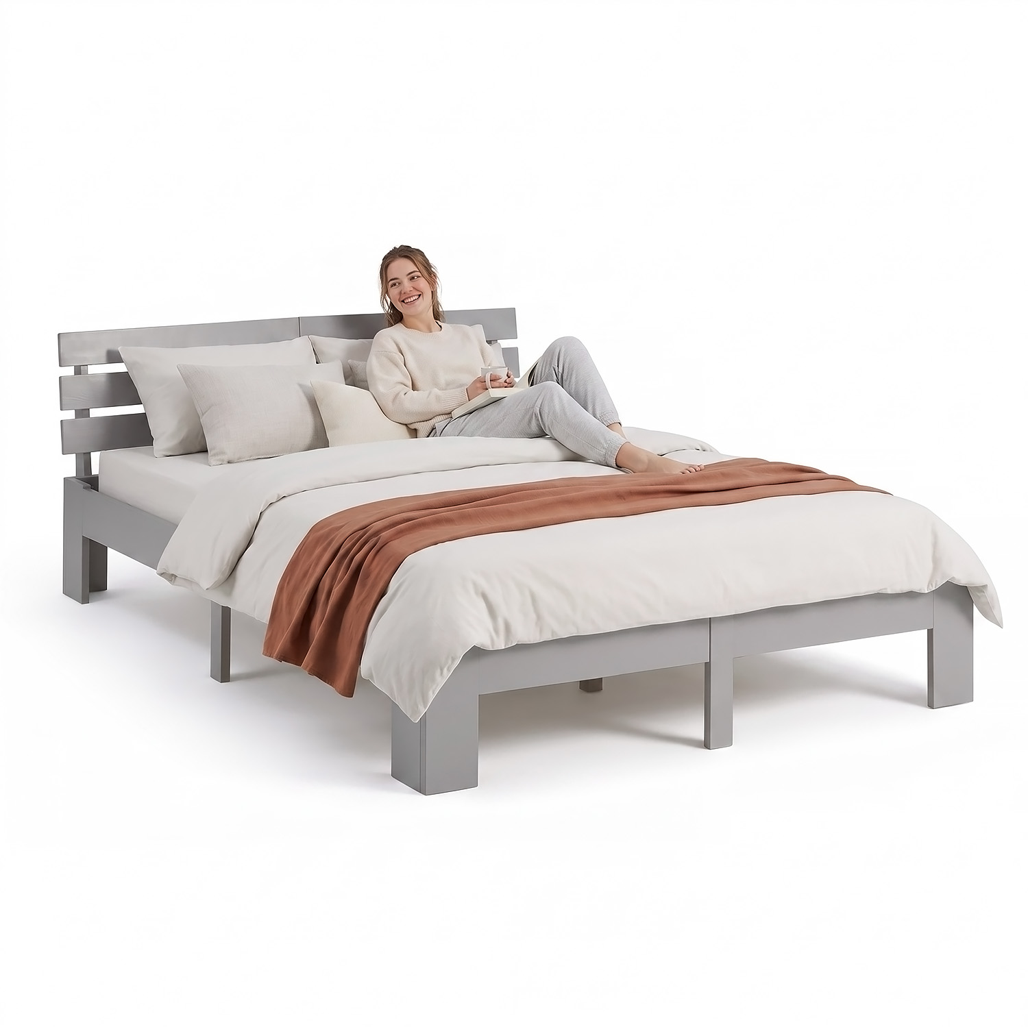 Solid Pine Wood Bed, 140x200 cm, Gray – Double Bed with Slatted Base