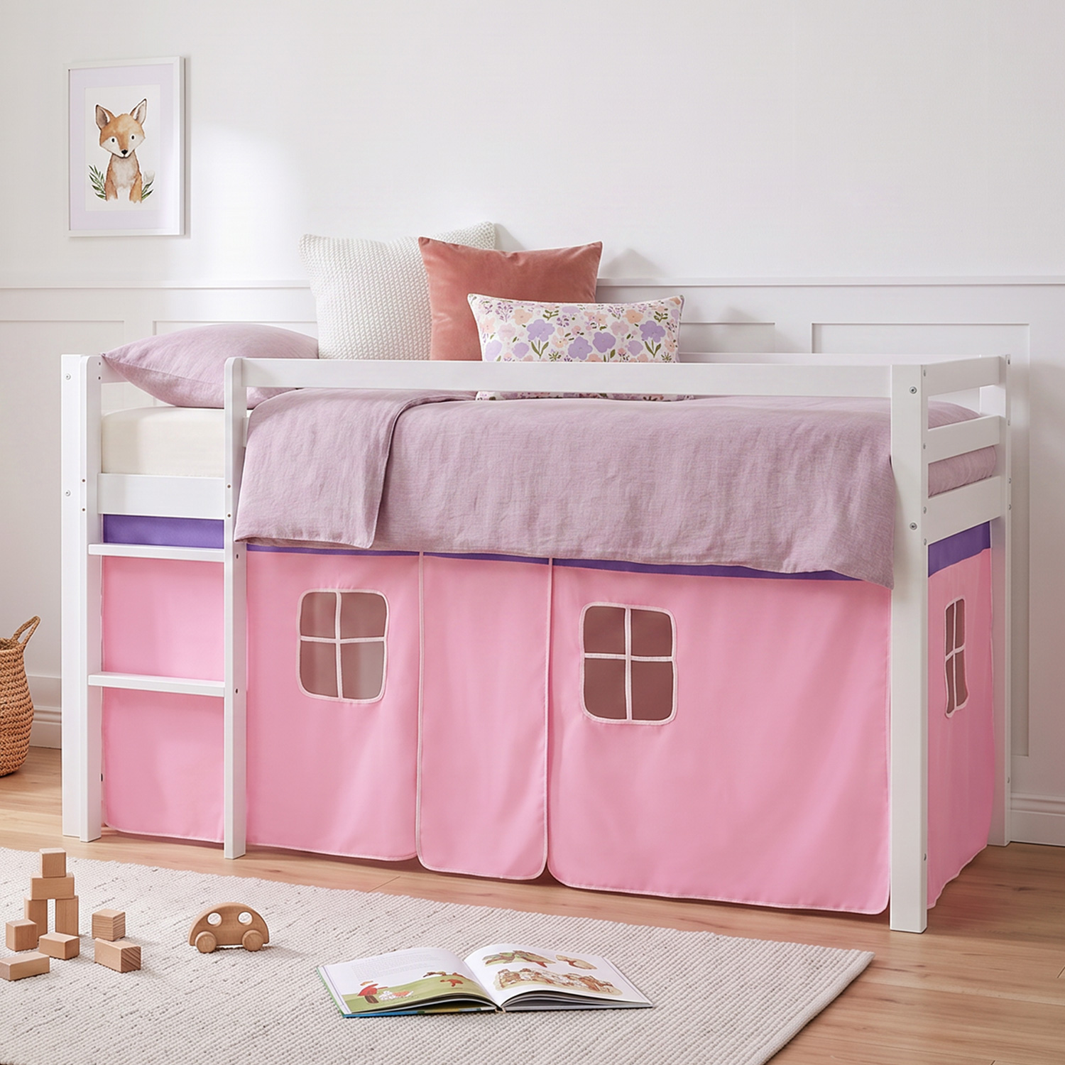 Children's Loft Bed 90x200 cm White with Pink Curtain | Includes Slatted Base