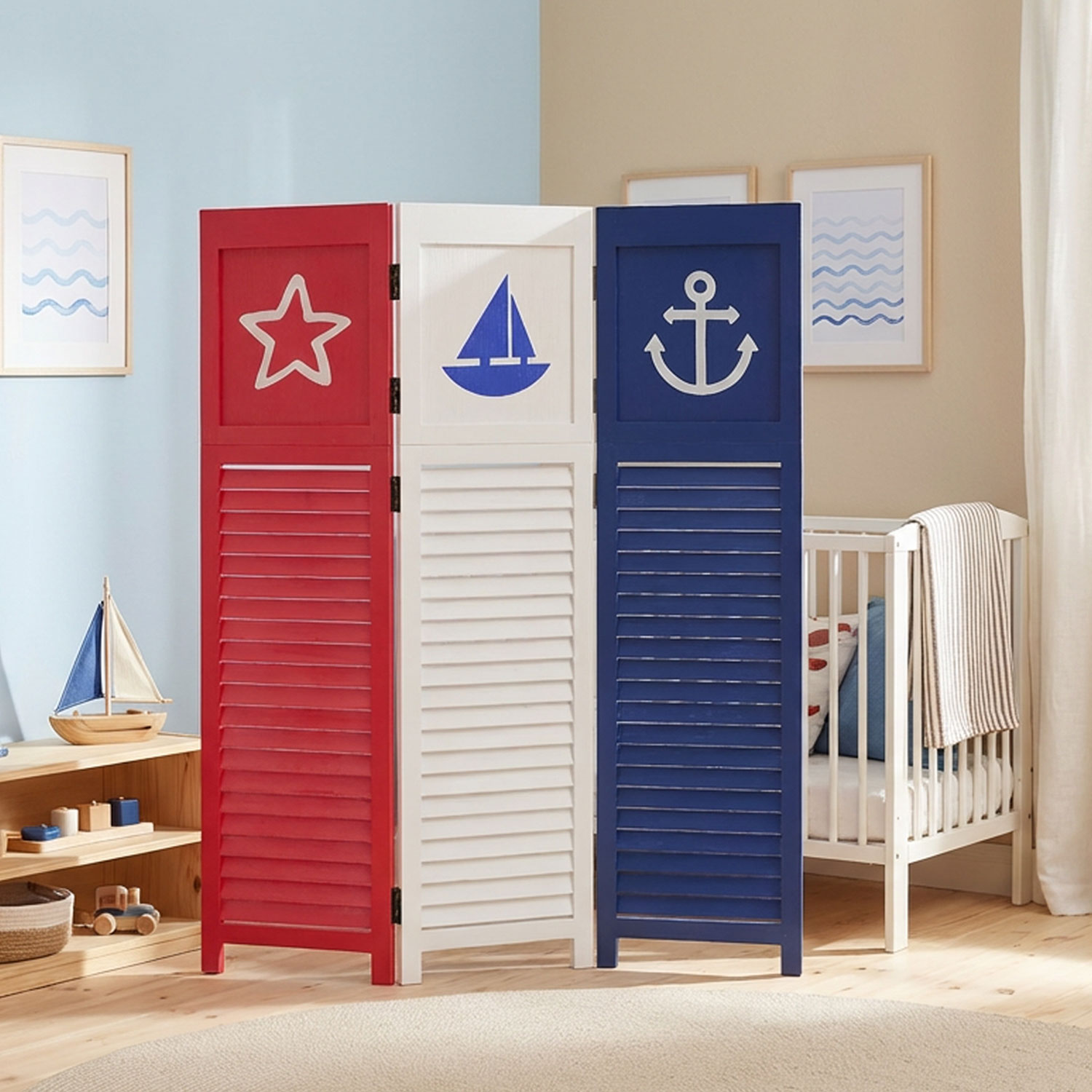 Paravent Red White Black Maritime Motifs | 3-panel | Wood | Room Divider Partition Privacy Screen