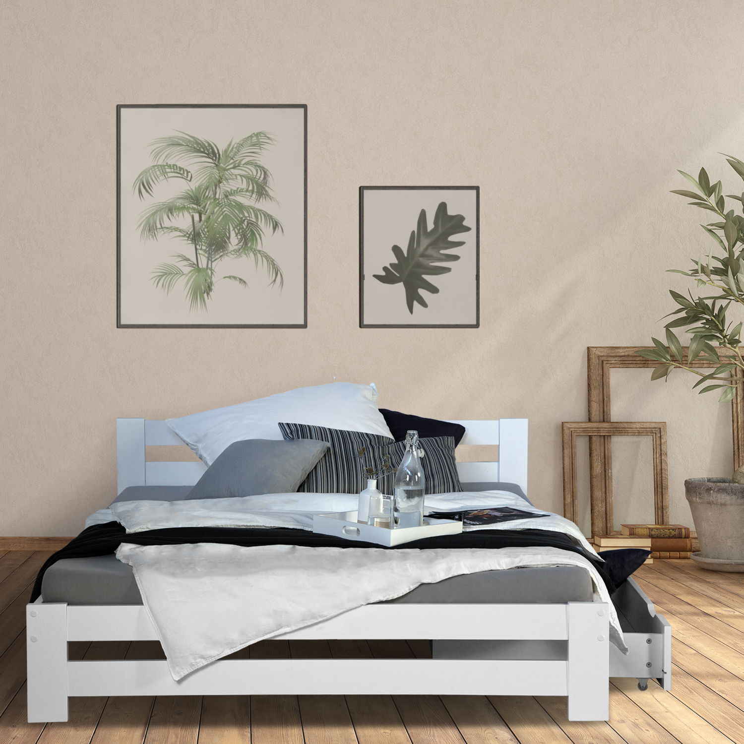Wood Bed 140x200 cm White | Double Bed with Bed Drawer | with Slatted Frame | Solid | Kids Youth Guest Bedroom