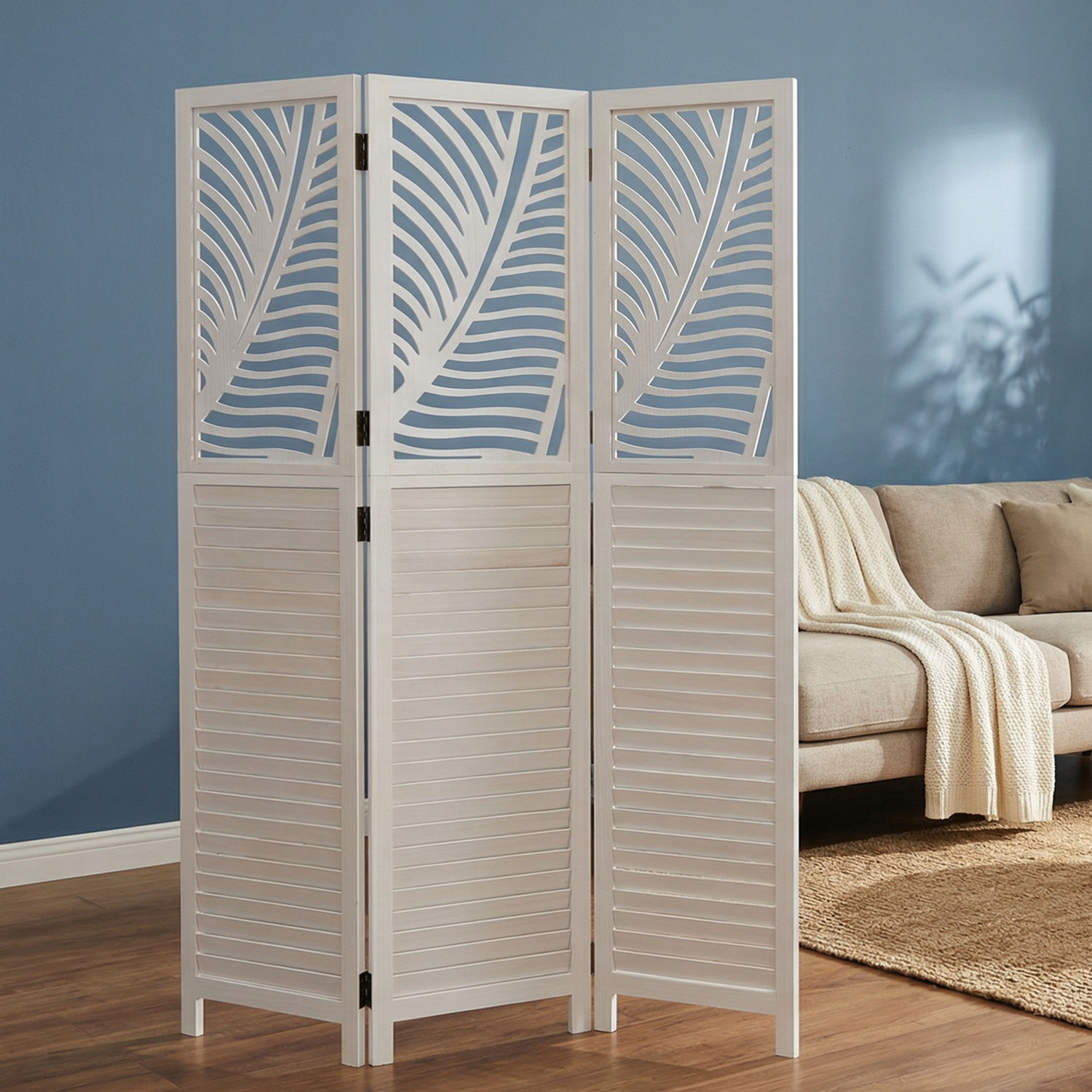 Paravent White Rattan-Style Decorations | 3-panel | Wood | Room Divider Partition Privacy Screen
