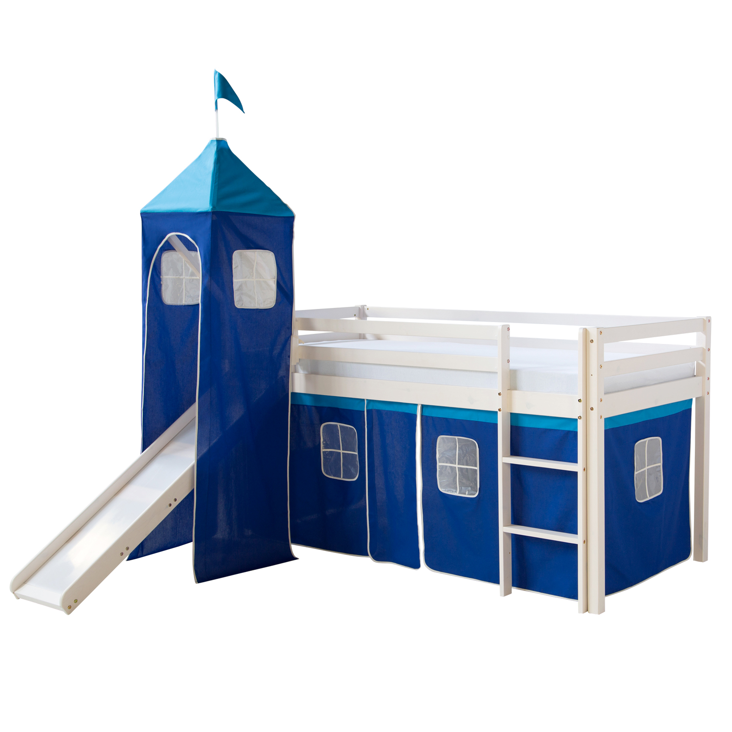 Kinderbett Hochbett Massiv Kiefer weiß blauer Vorhang, Rutsche, Turm Spielbett