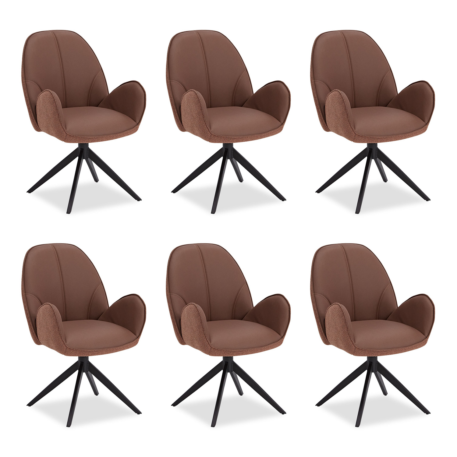 Polsterstuhl Bouclé & Leder Braun 6er Set – Drehbar mit Armlehnen & Metallgestell