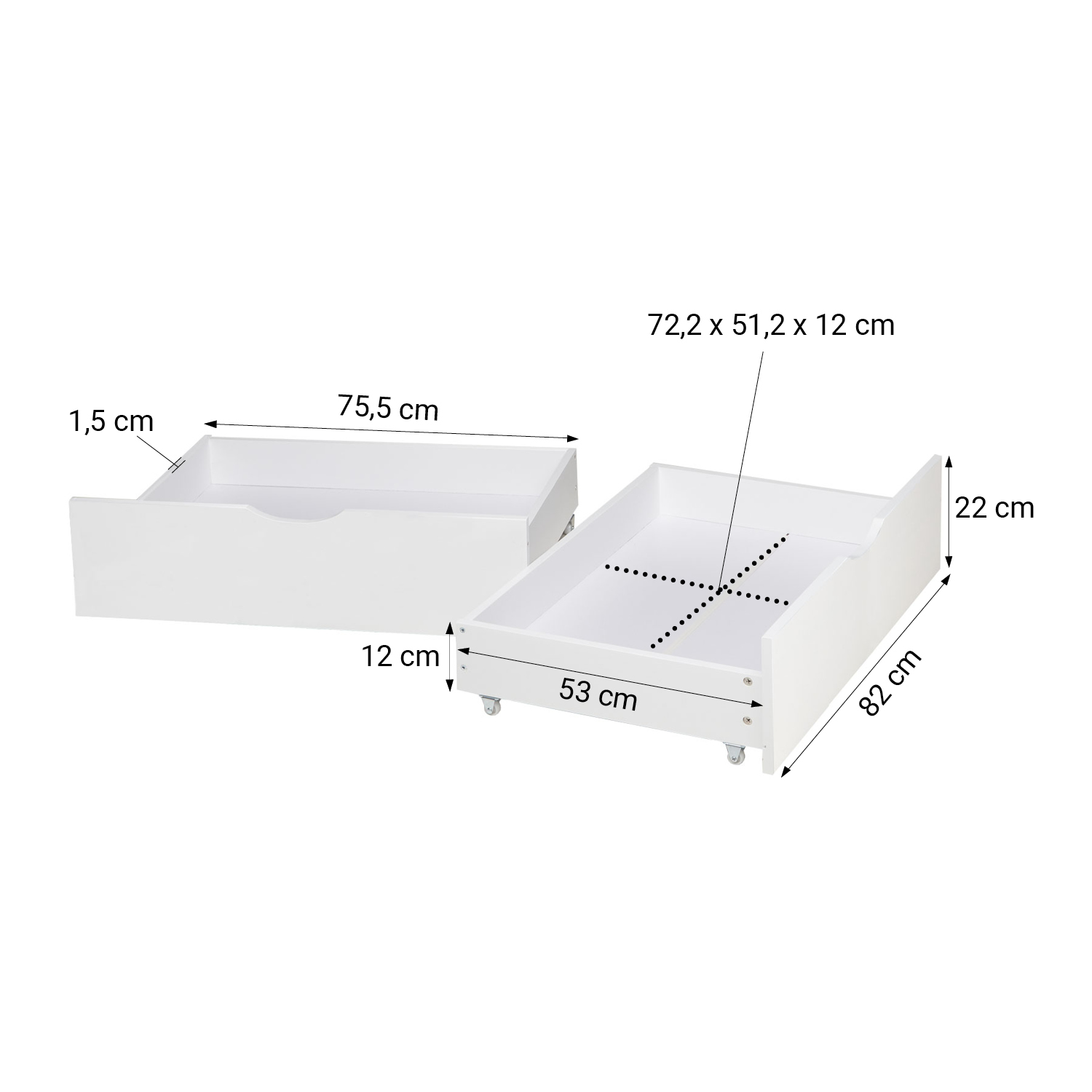 Bed Drawer Set of 2 Drawers Wood Storage with Rollers Pull-out Bed Box White