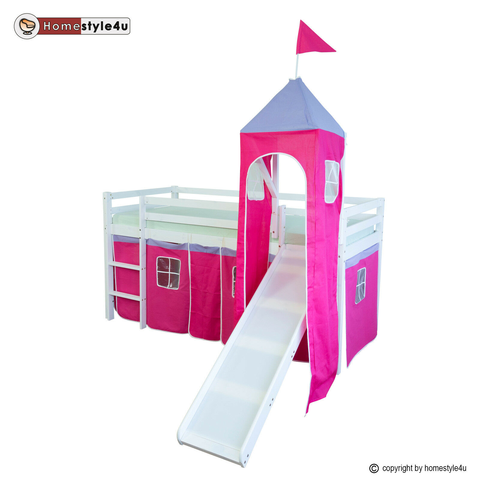 Loft Bed Kids 90x200 cm White with Curtain in Pink | Tower | Slide | without Slatted Frame