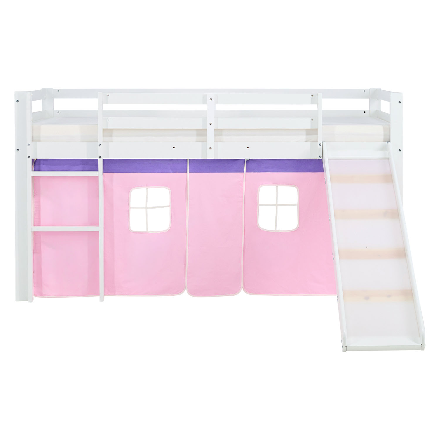 Children's Loft Bed 90x200 cm White with Pink Curtain | Slide | Includes Slatted Base | Includes Mattress