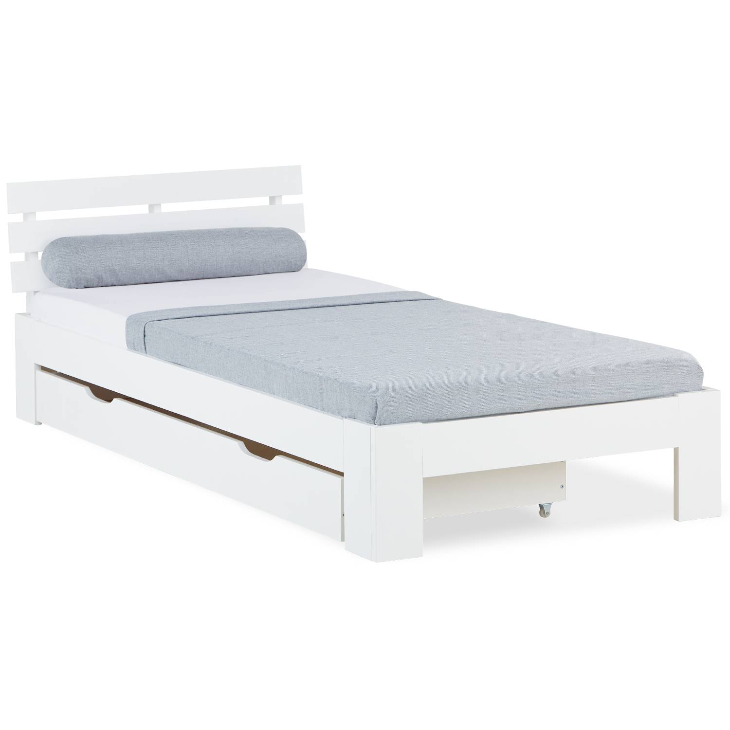 Wood Bed 90x200 cm White | Single Bed with Storage Drawer | with Slatted Frame | Solid | Kids Youth Guest Bedroom