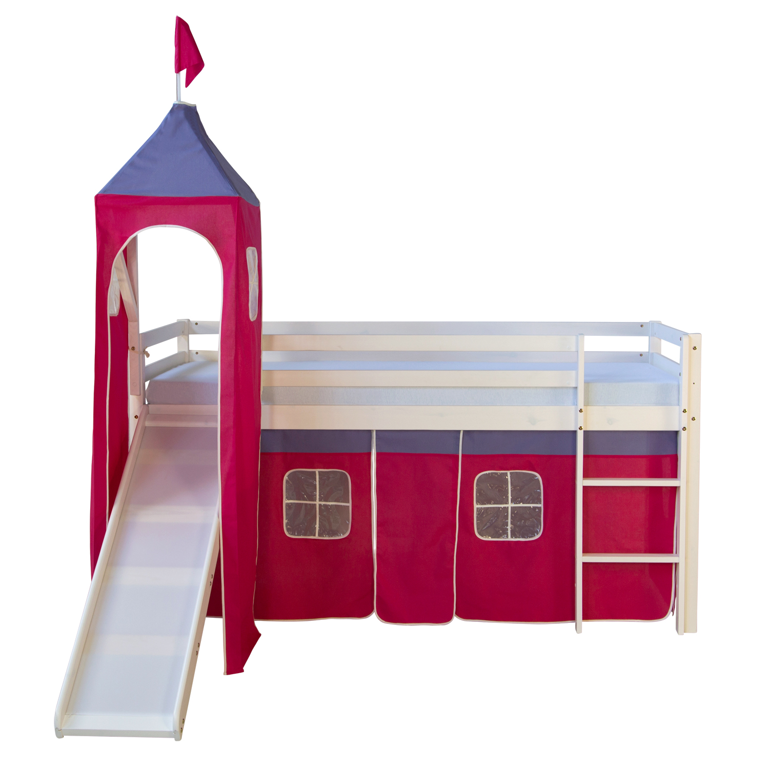 Loft Bed Kids 90x200 cm White with Curtain in Pink | Tower | Slide | without Slatted Frame Loftbed 90x200 cm with Tower Slide Mattress Bunk bed Childrens bed Solid Pine Wood Slats Curtain Pink