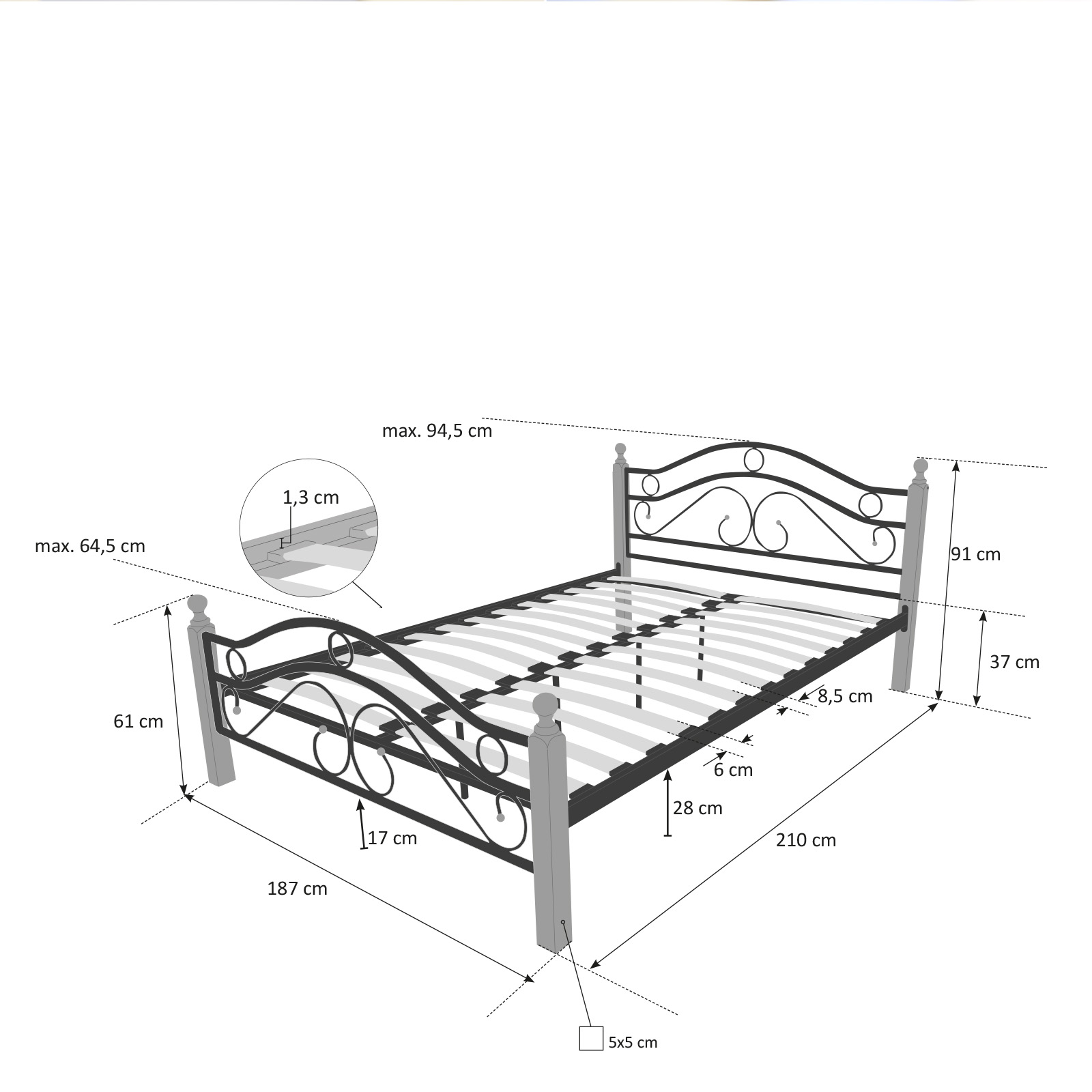 Metal Bed 180 x 200 Bed Frame Double Bed Bed Frame + Slatted Base 803 Black