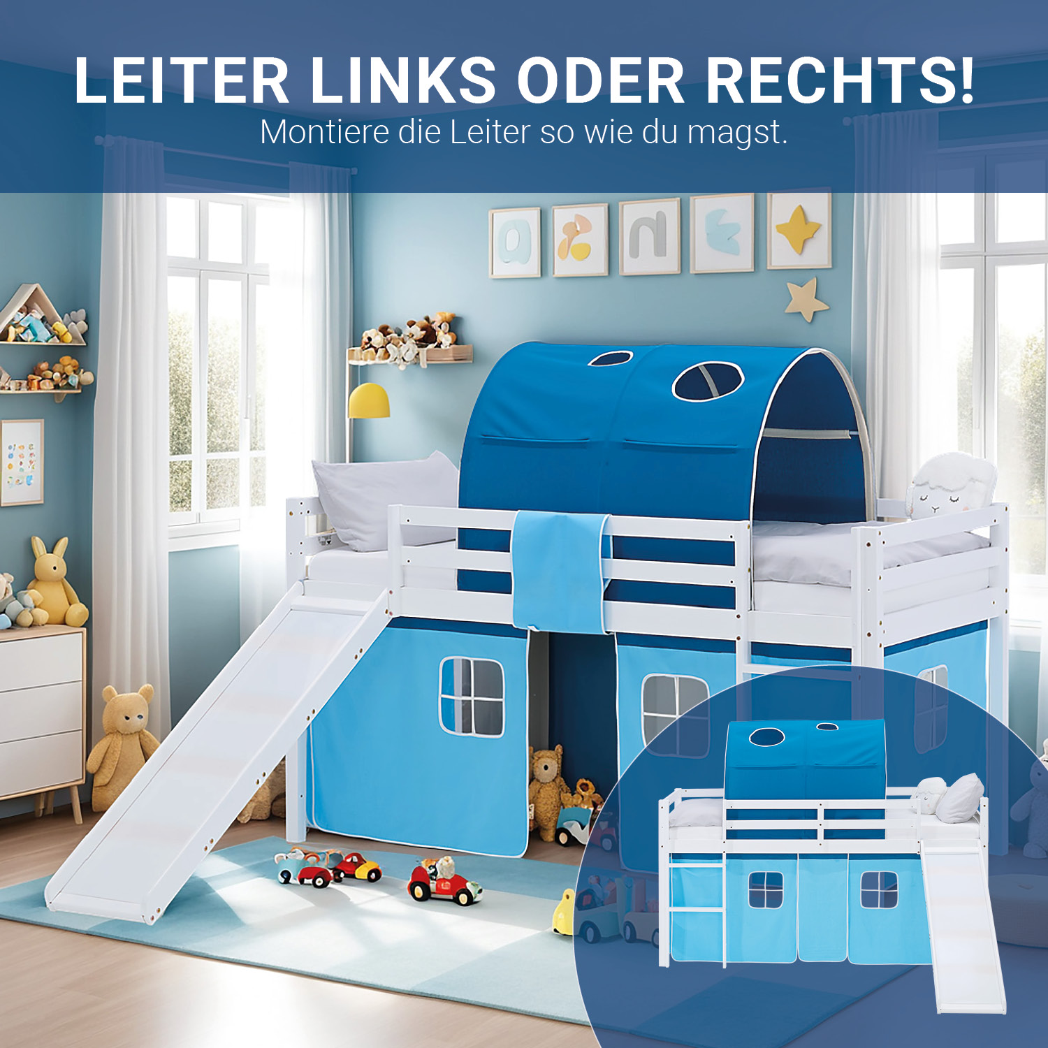 Loft Bed for Kids 90x200 cm White with Curtain & Tunnel in Blue | Slide | with Slatted Frame