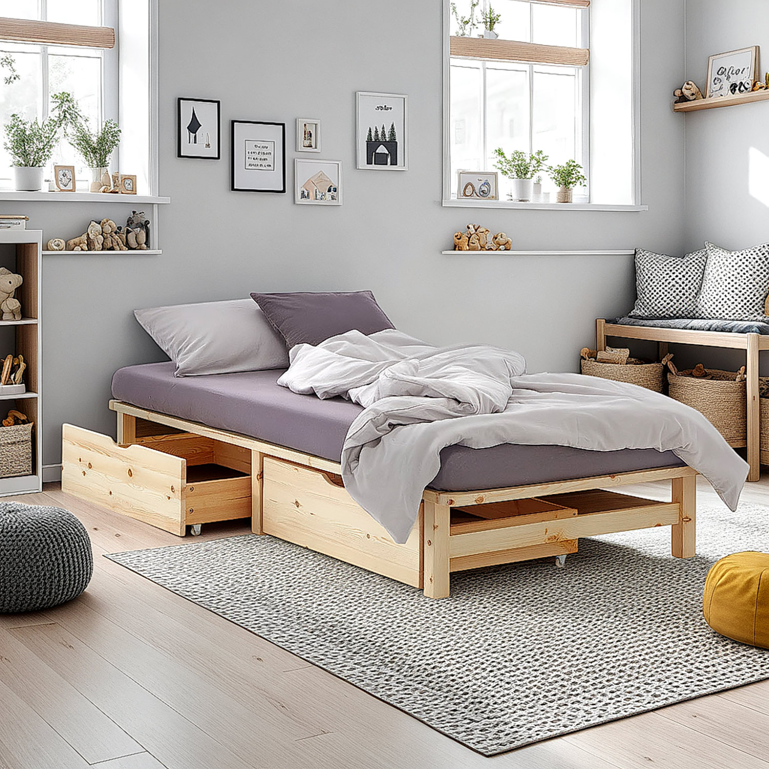Pallet Bed 90x200 cm Natural | Single Bed with Storage Drawers | with Mattress | Wood | Kids Youth Guest Bedroom