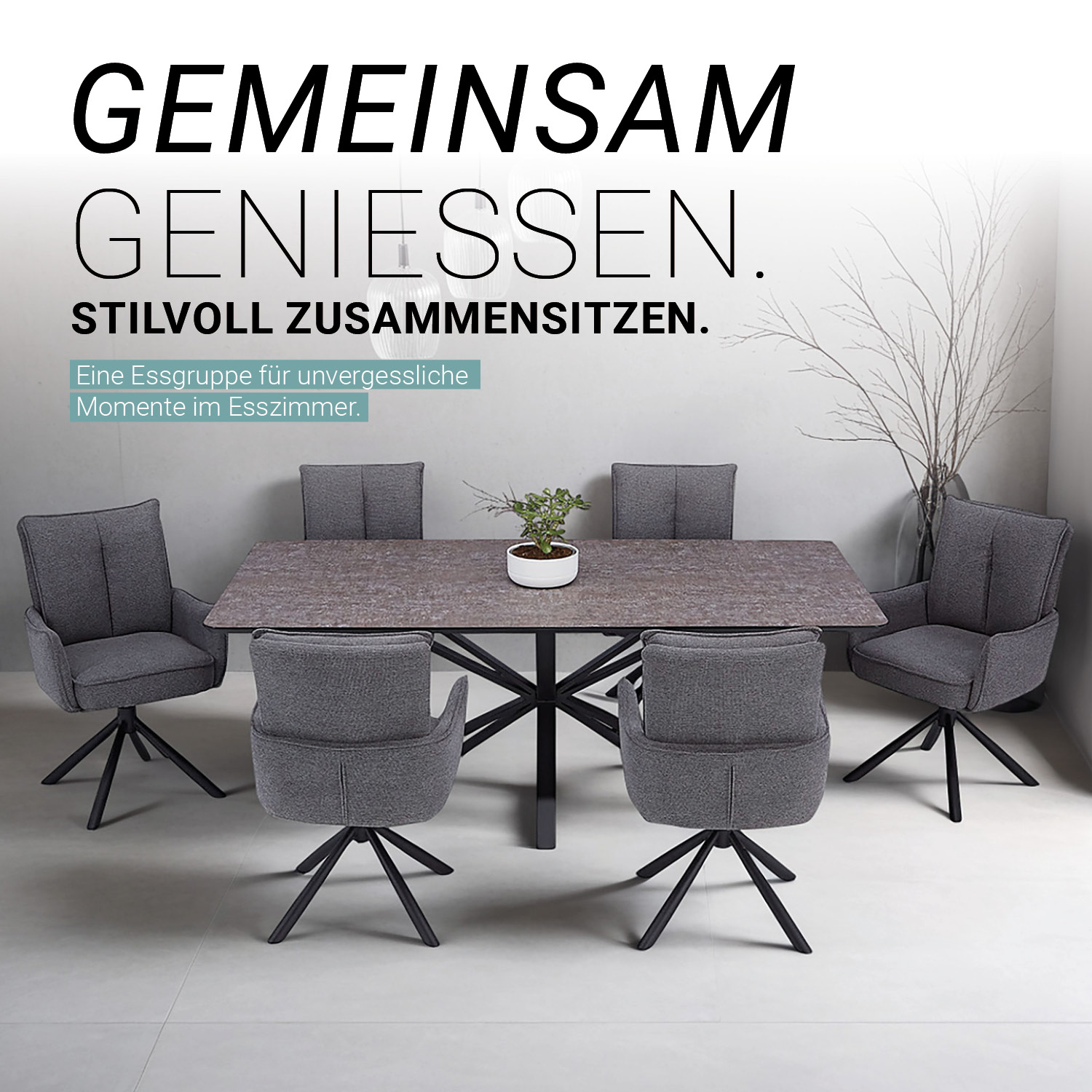 Dining set | 6-piece set upholstered chairs anthracite with armrest | swivel | dining table brown metal frame 200 x 100 cm