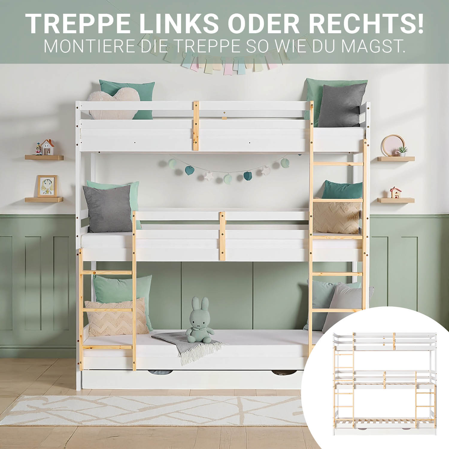 Bunk Bed 3 Levels 90x200 cm White | Ladders Natural | with Bed Drawer | with Slatted Frame