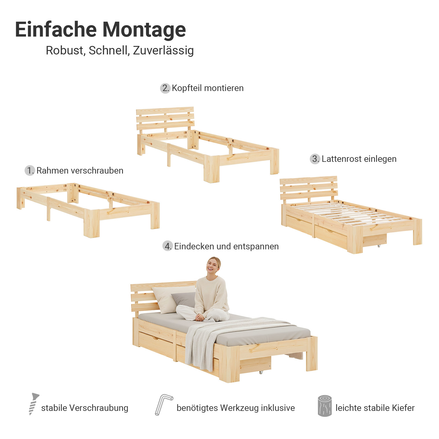 Wood Bed 90x200 cm Natural | Single Bed | with Mattress | 2 Drawers | Kids Youth Guest Bedroom